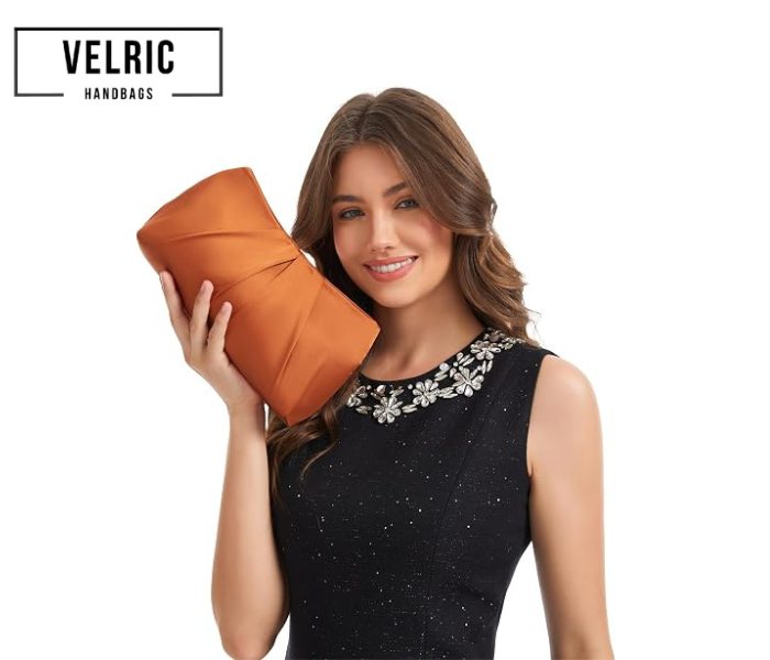 Velric Orange Satin Clutch Bag with Pearl Chain, Pleated Evening Handbag for Women