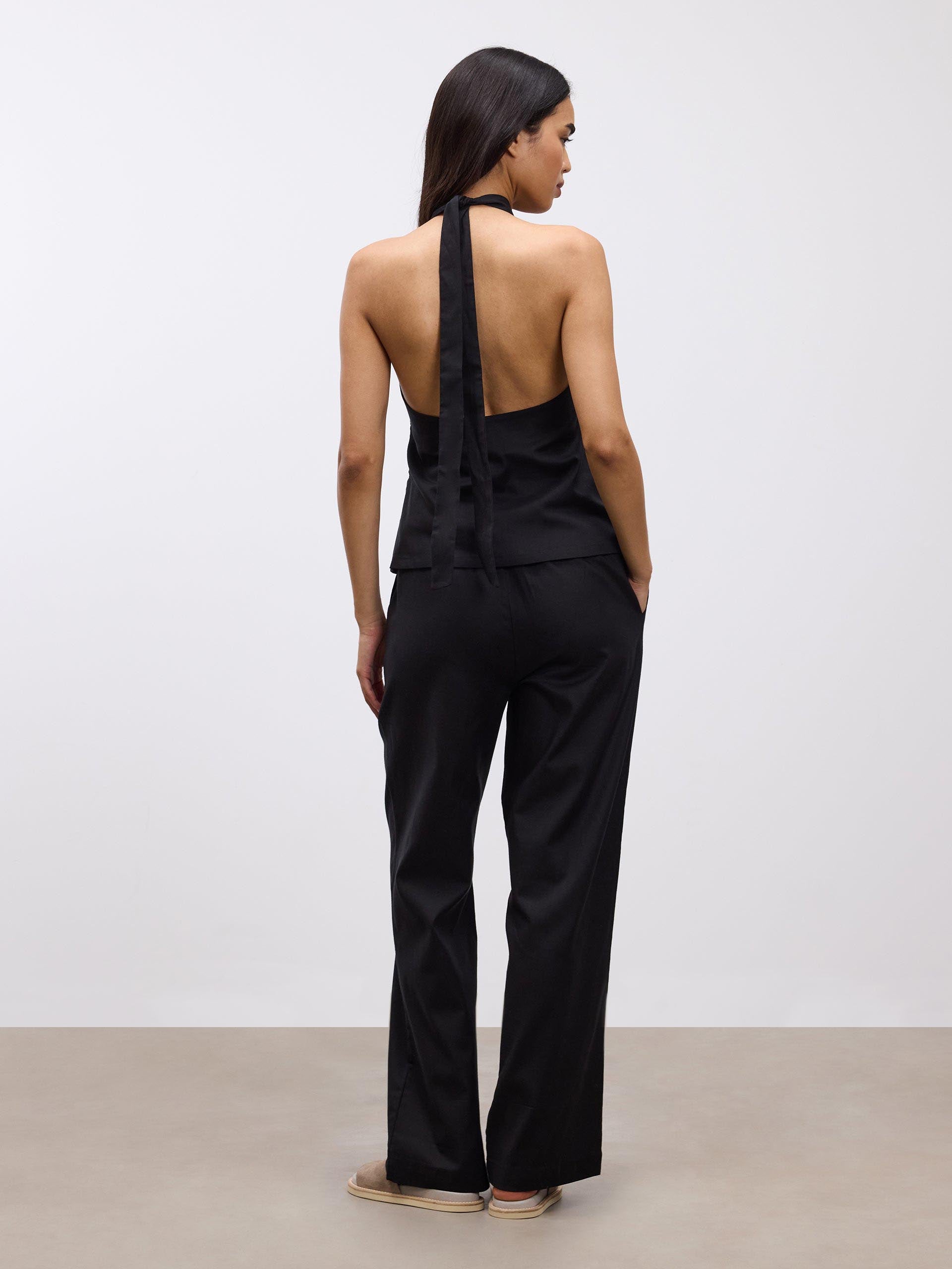Womens Linen Halter Top in Black