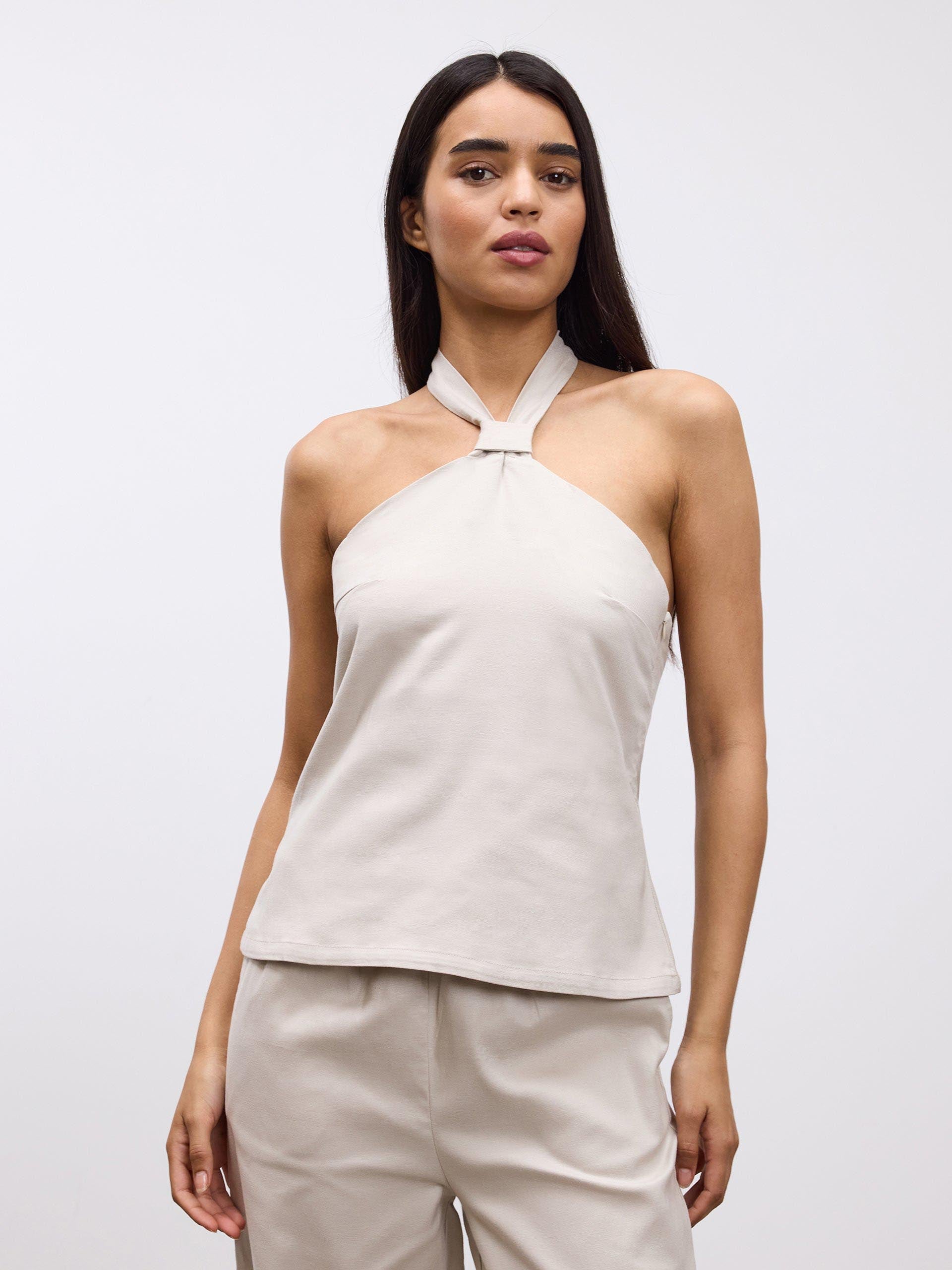 Womens Linen Halter Top in Stone
