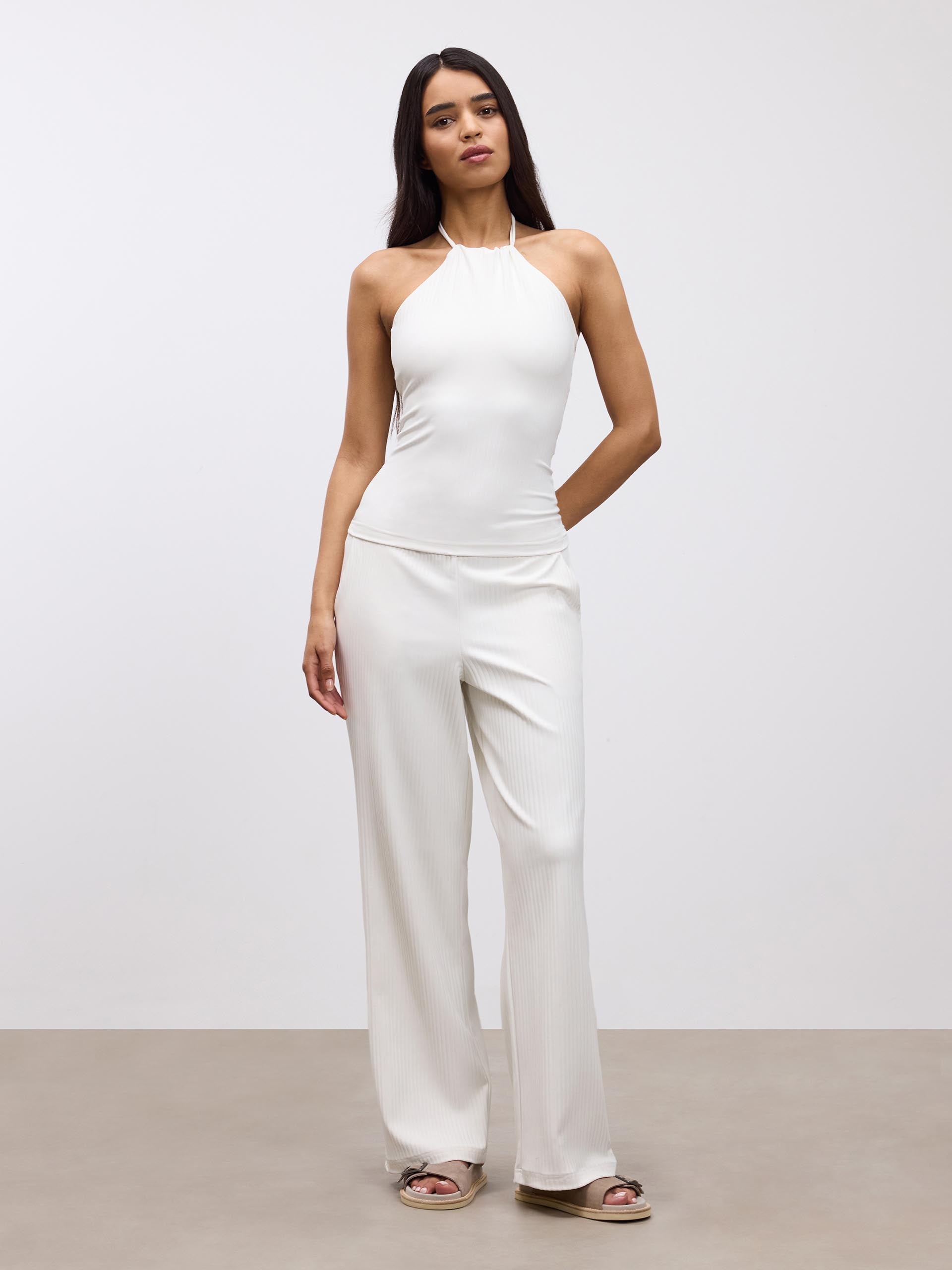 Womens Pleated Halter Top in Ecru
