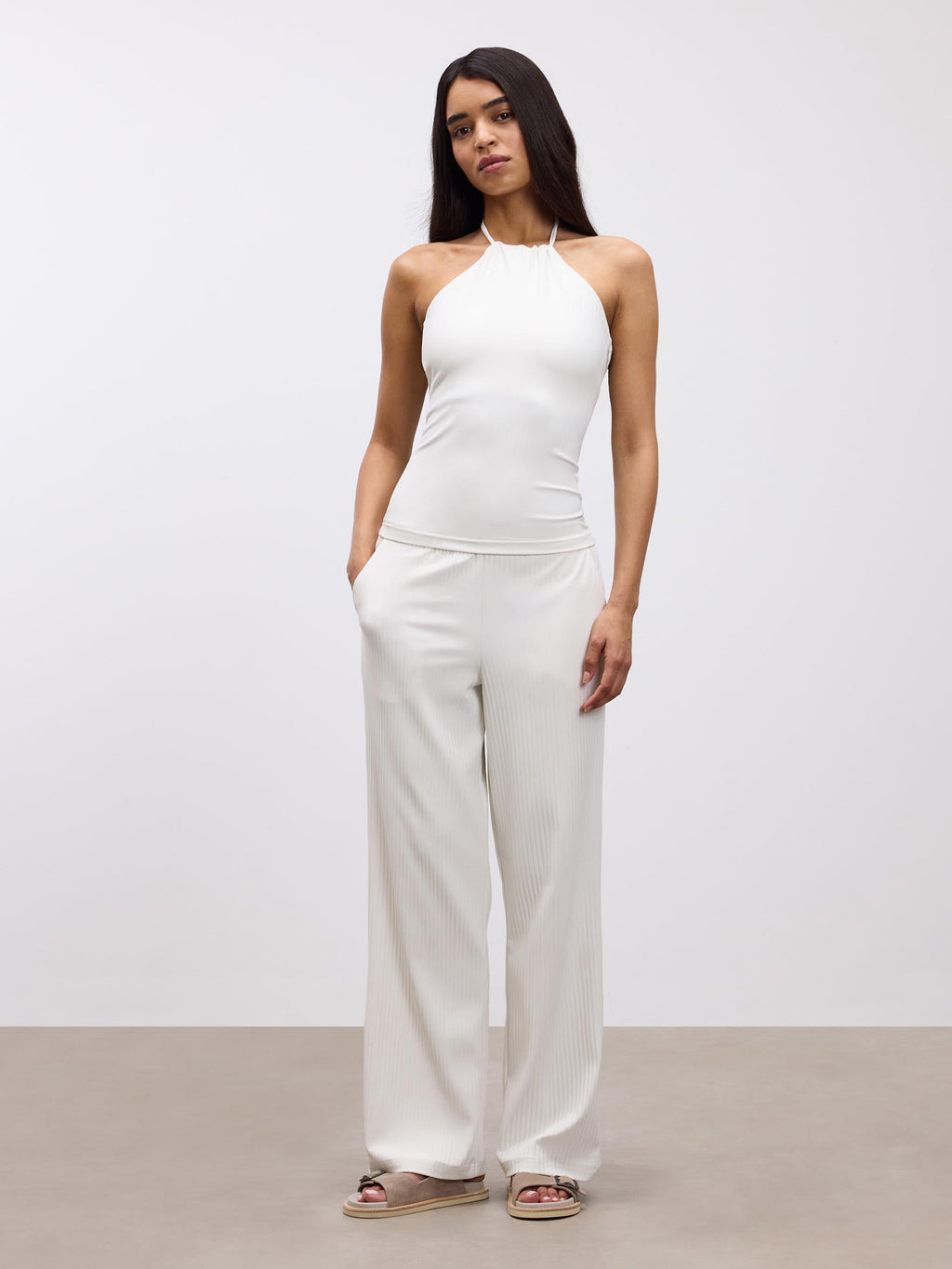 Womens Pleated Halter Top in Ecru