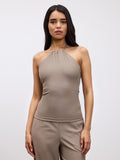 Womens Pleated Halter Top in Taupe