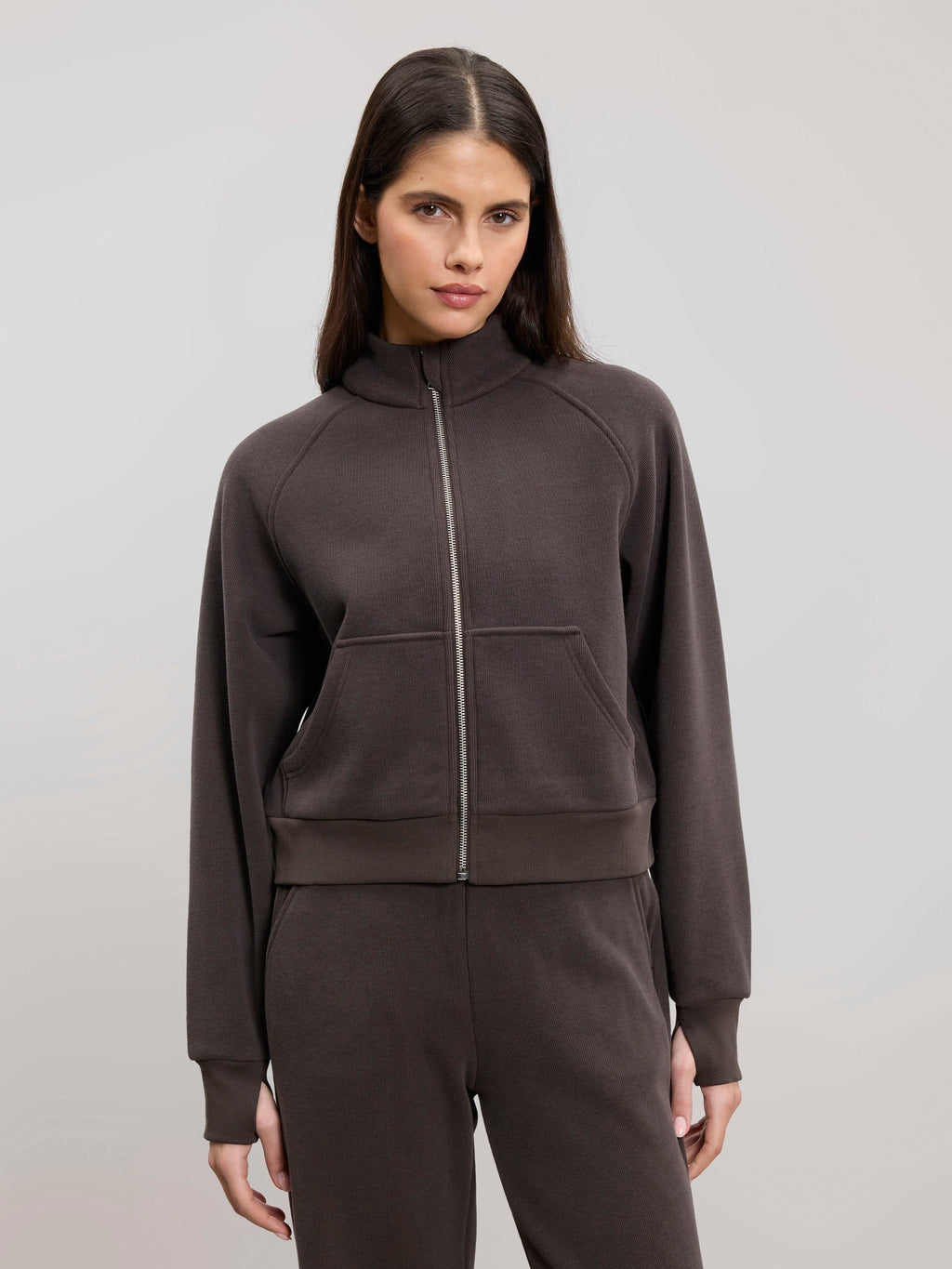 Womens Cosy Fleece Funnel Neck Jacket in Brown