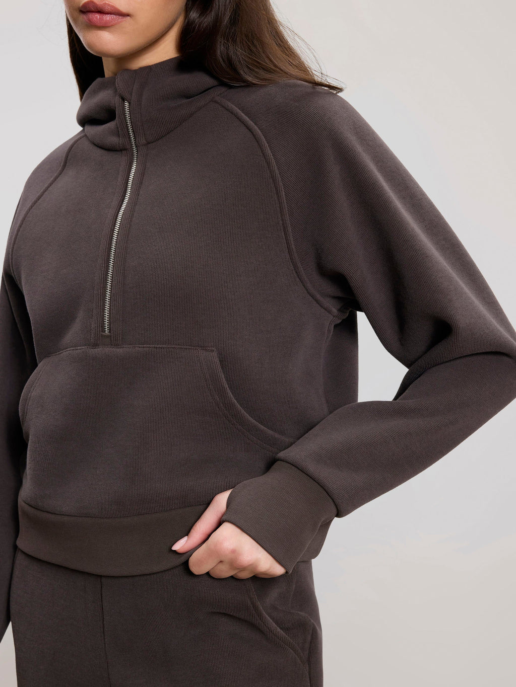 Womens Cosy Fleece Half Zip Hoodie in Brown