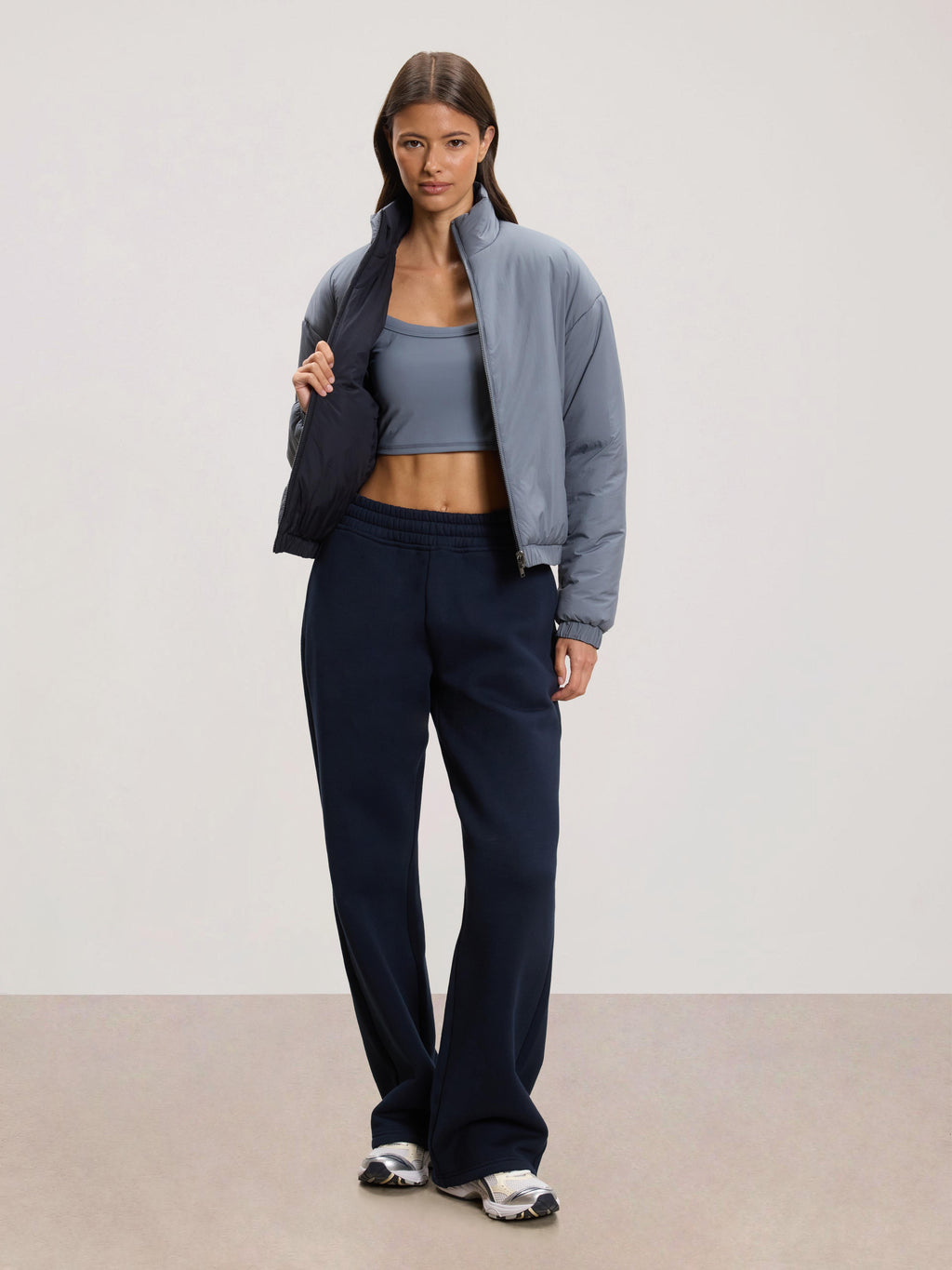 Womens Relaxed Reversible Funnel Neck Jacket in Dove Blue And Navy