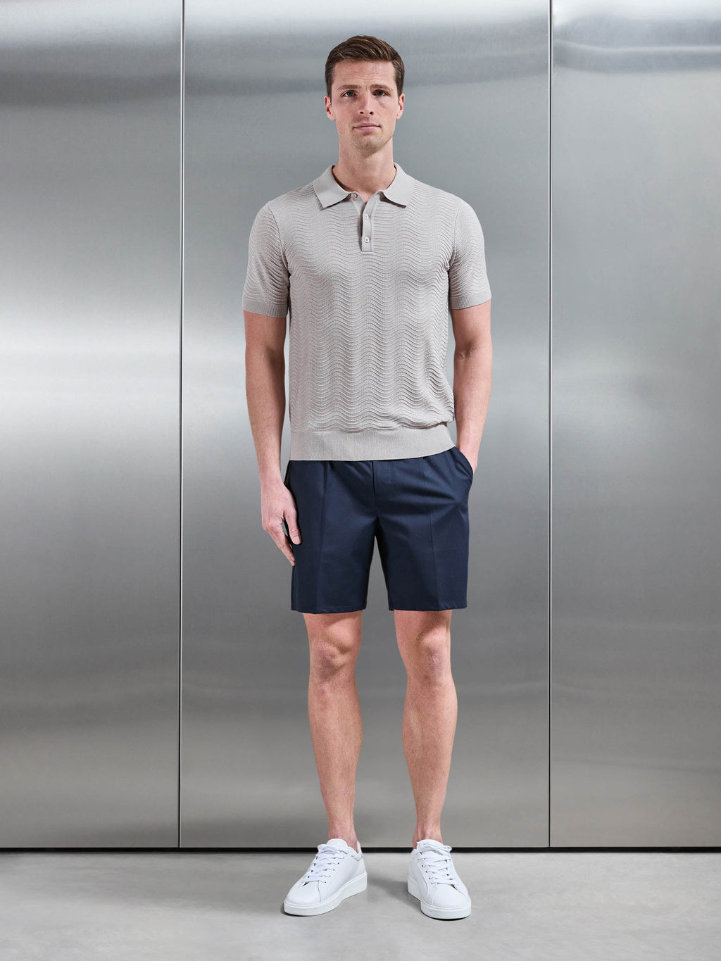 Arles Wave Plain Textured Polo Shirt in Stone
