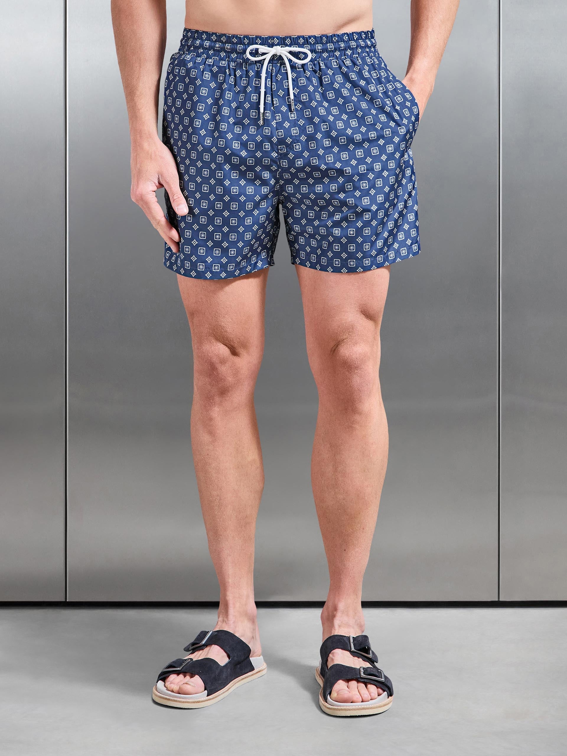 Arlo Drawstring Printed Shell Swim Short in Navy