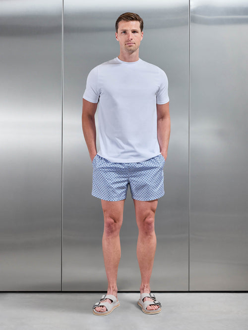 Capri Drawstring Printed Shell Swim Short in Light Blue