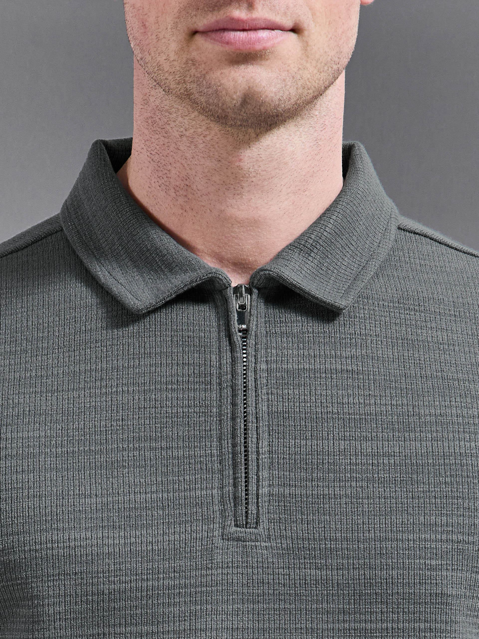 Cavour Textured Zip Polo Shirt in Grey