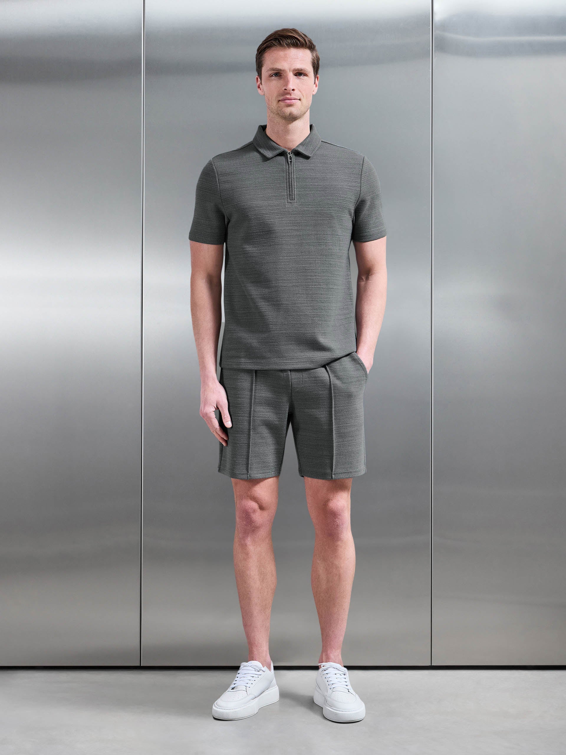 Cavour Textured Zip Polo Shirt in Grey