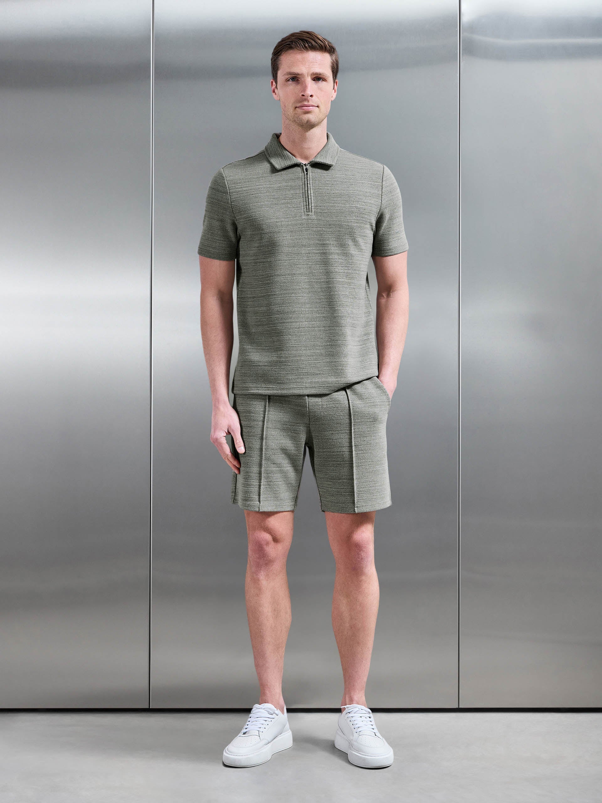 Cavour Textured Zip Polo Shirt in Olive