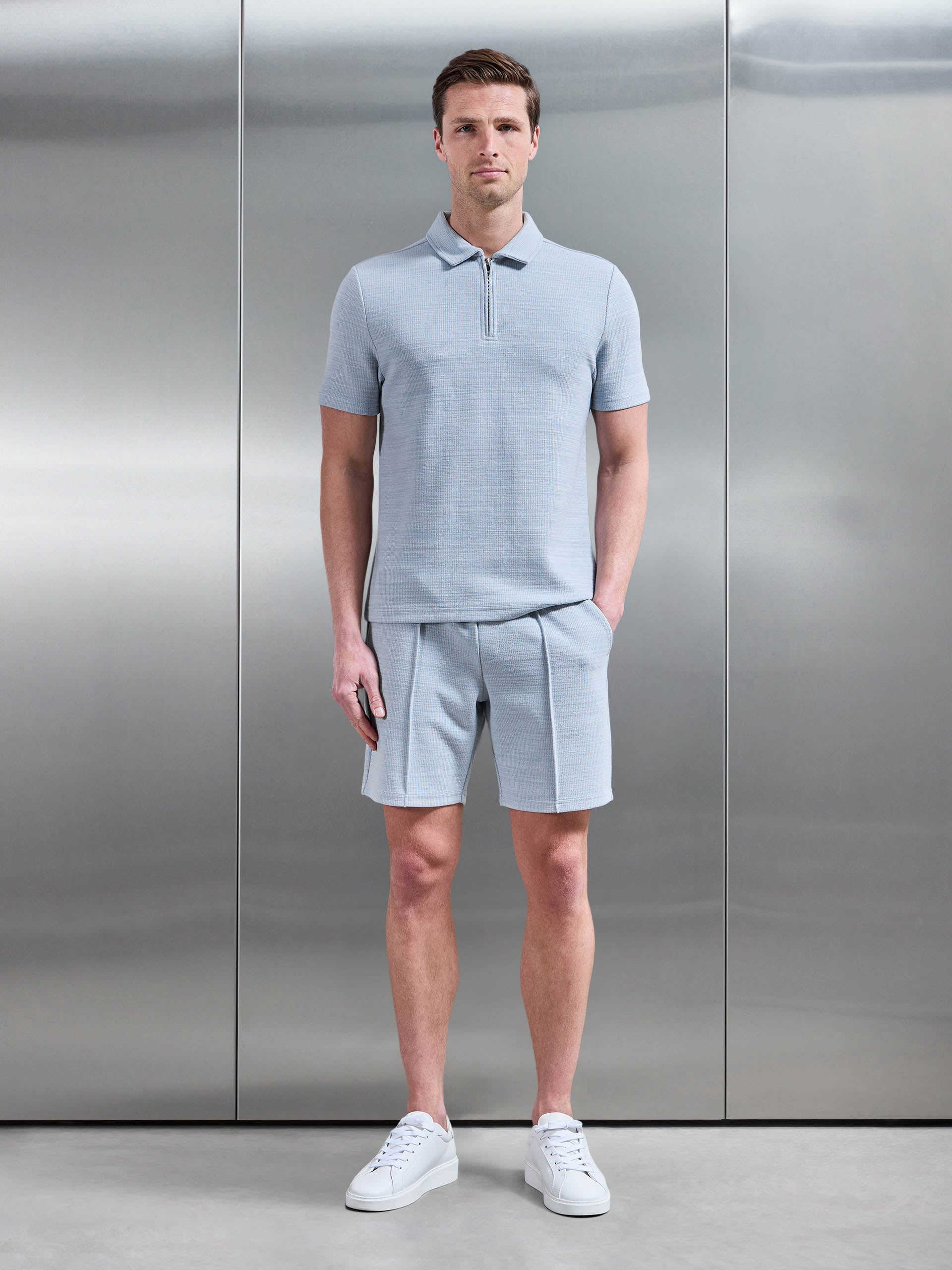 Cavour Textured Zip Polo Shirt in Soft Blue