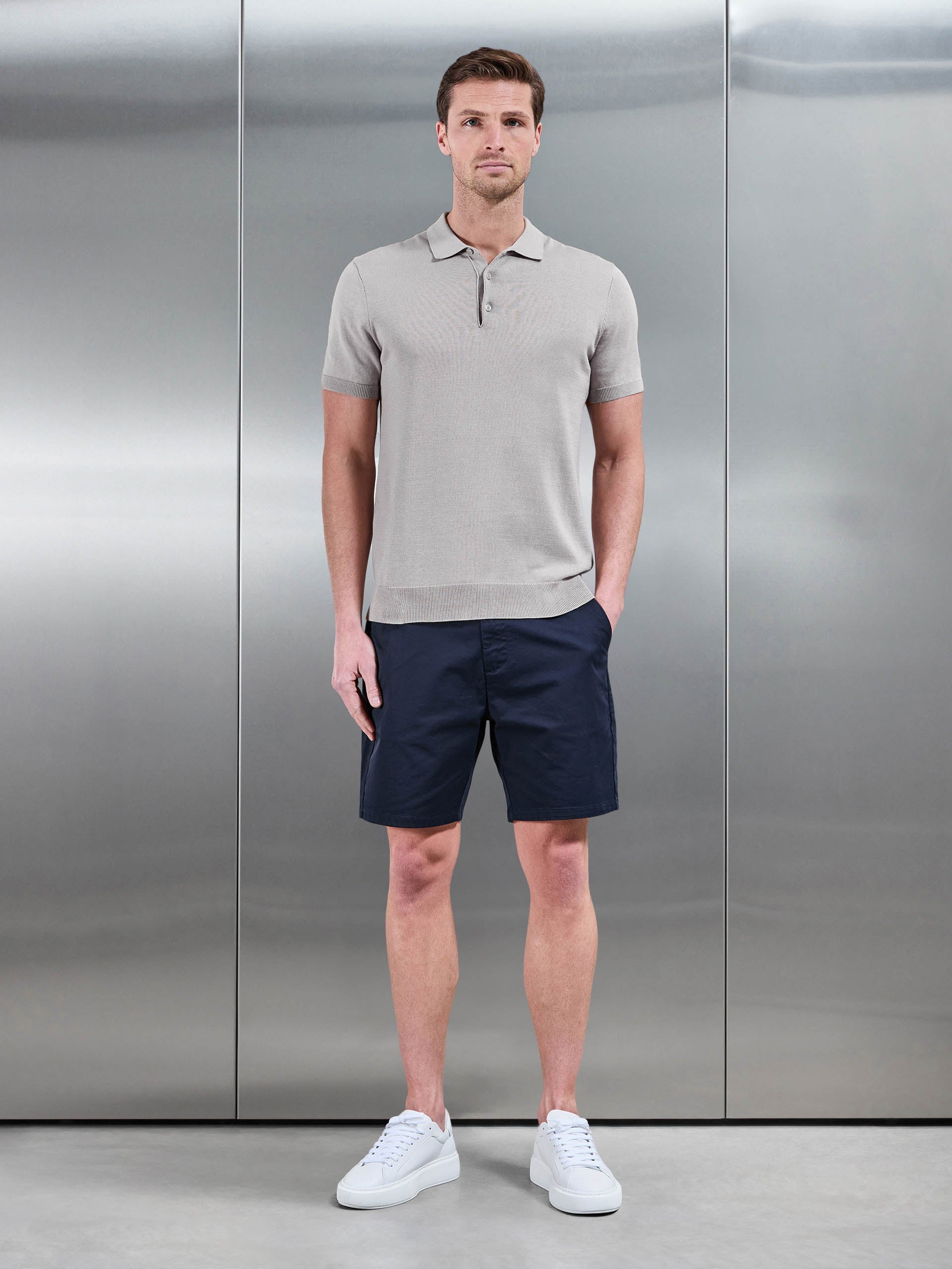 Cotton Knitted Button Polo Shirt in Stone