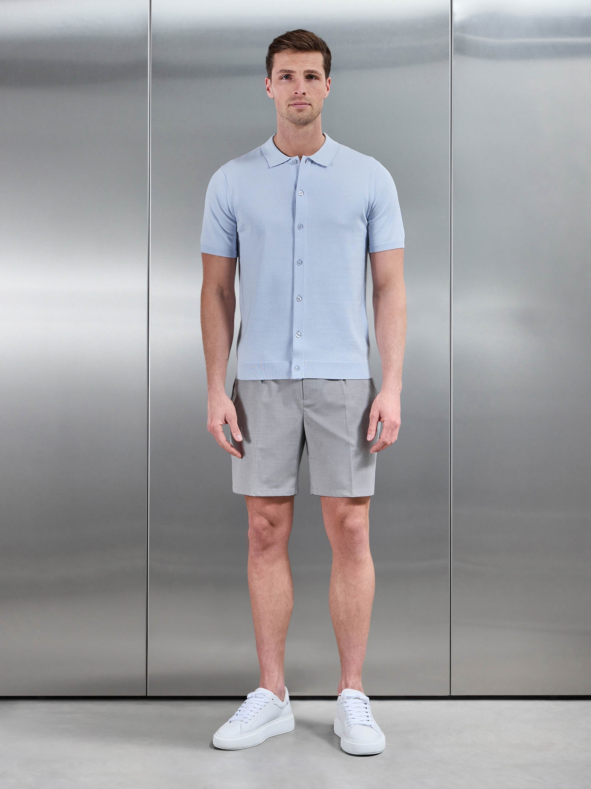 Cotton Knitted Button Through Short Sleeve Shirt in Light Blue