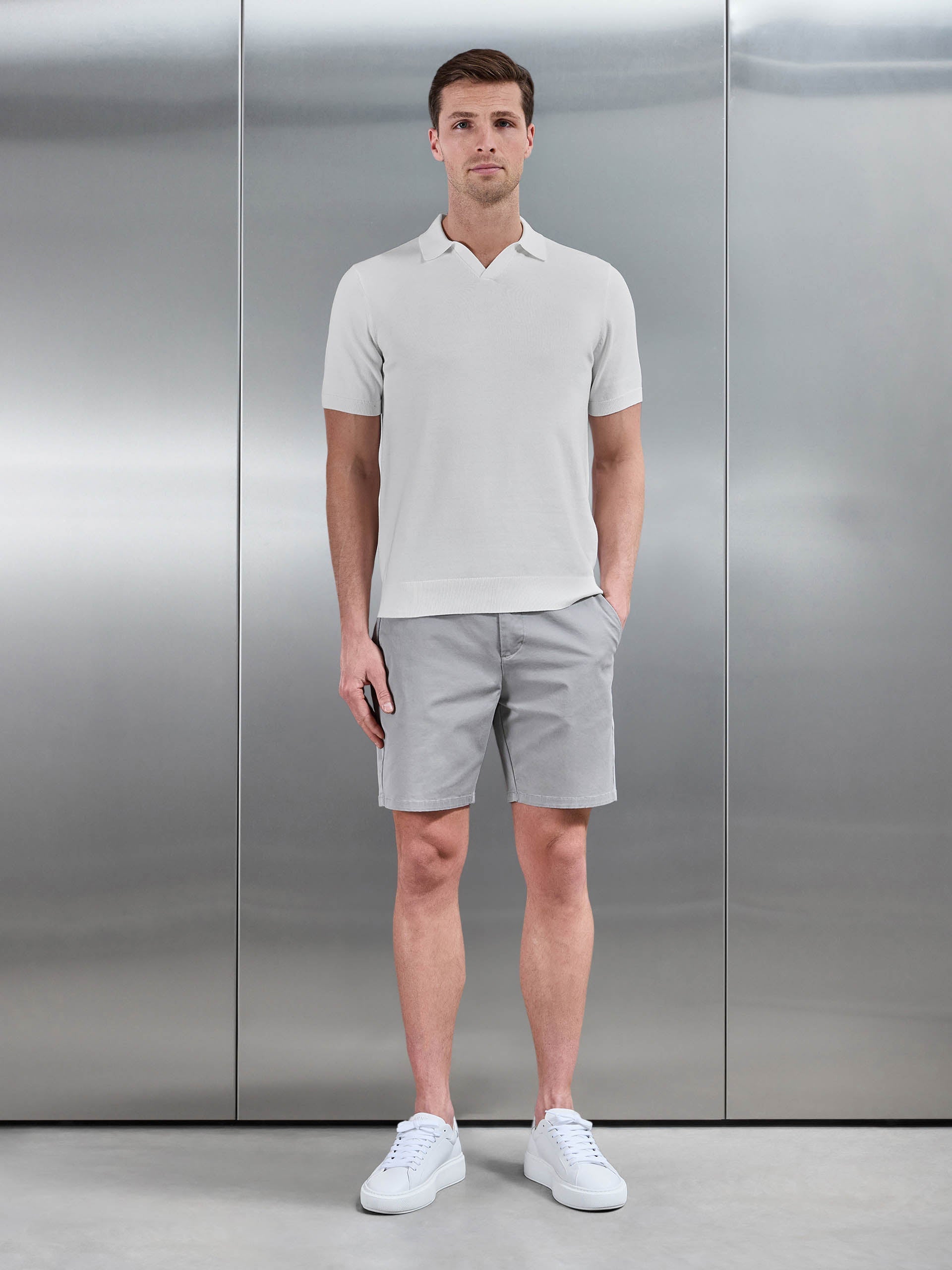 Cotton Knitted Revere Collar Polo Shirt in White