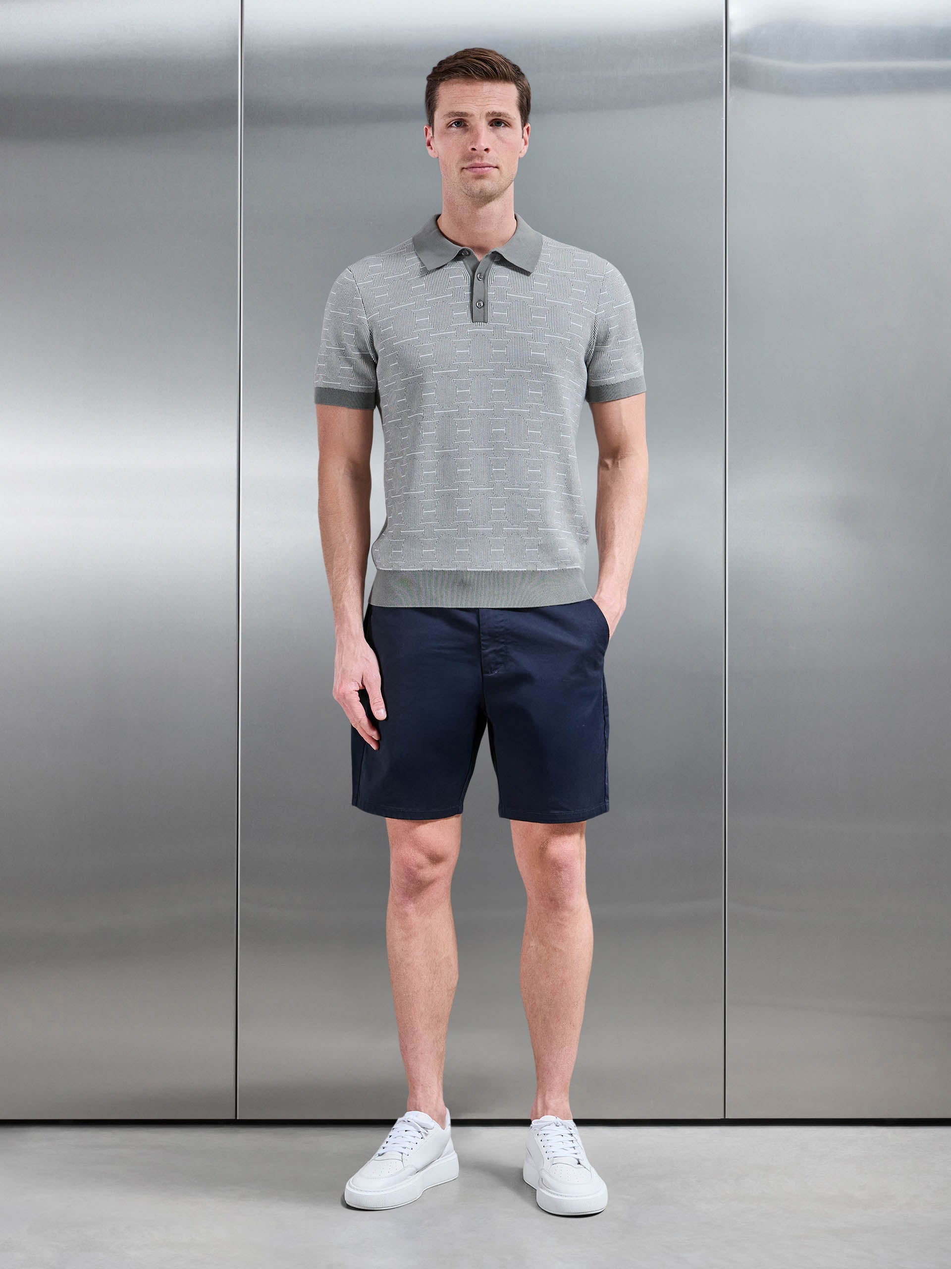 Este Knitted Button Polo Shirt in Sage