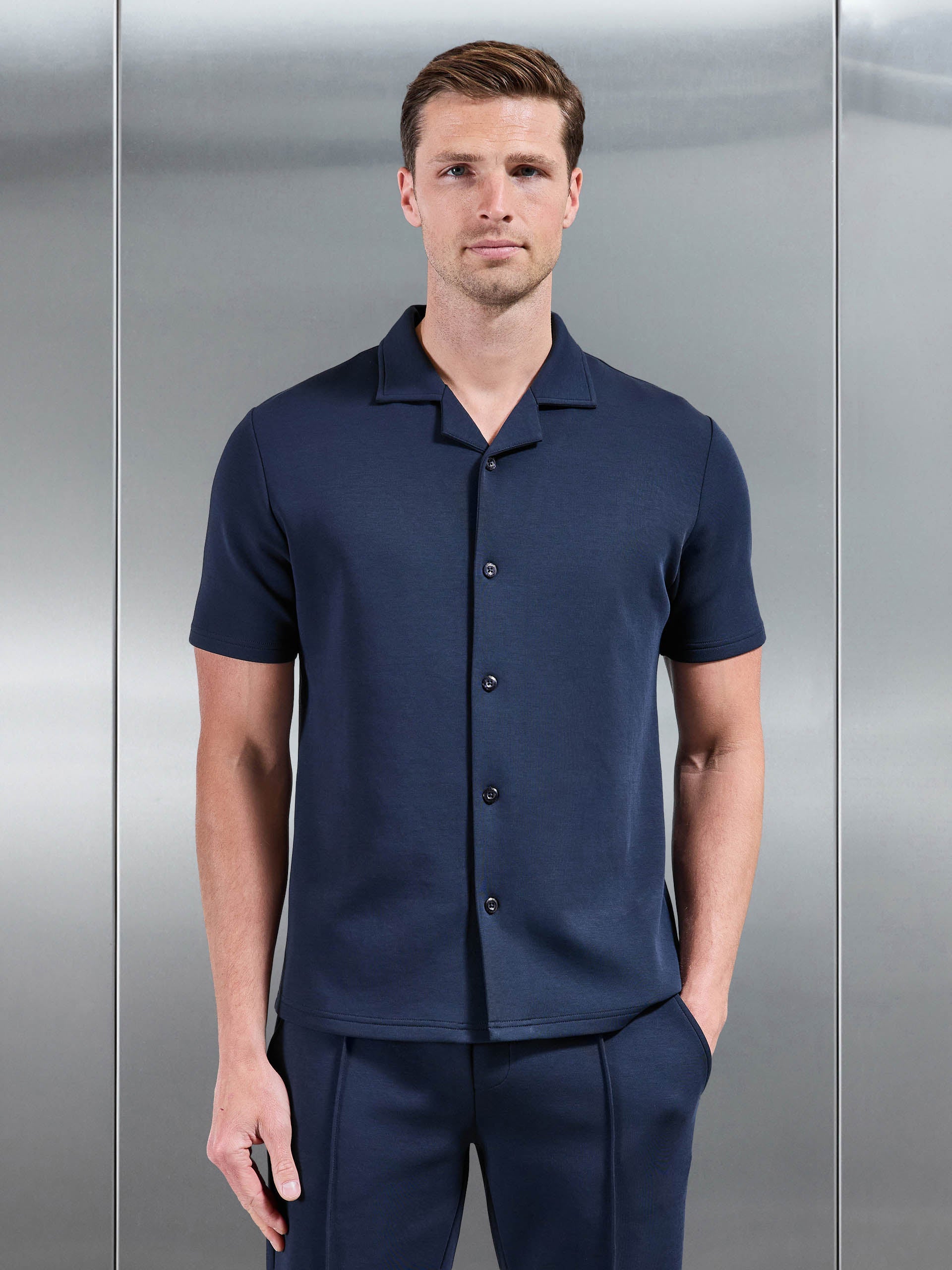 Everyday Luxe Revere Collar Shirt in Navy