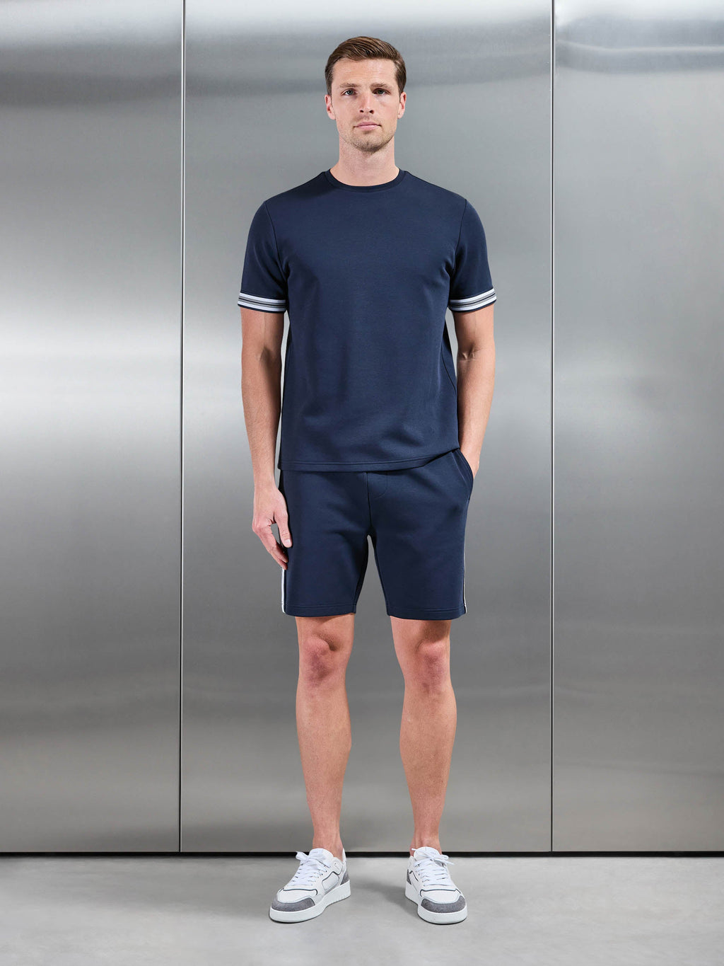 Everyday Luxe Stripe Cuff T-Shirt in Navy