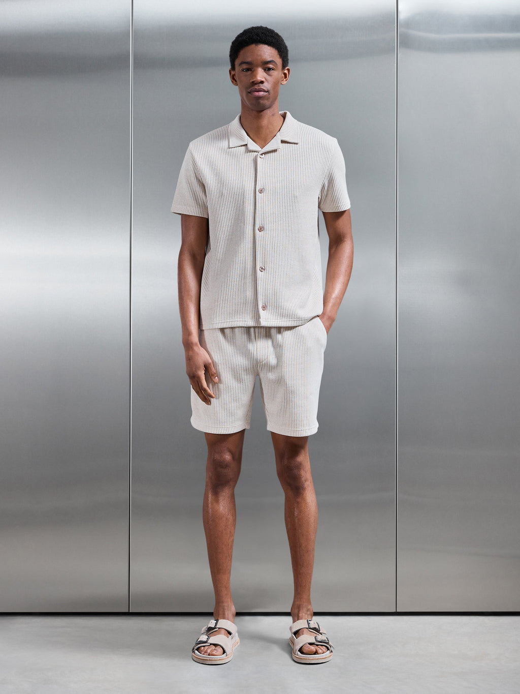 Forde Knitted Stripe Revere Collar Shirt in Stone