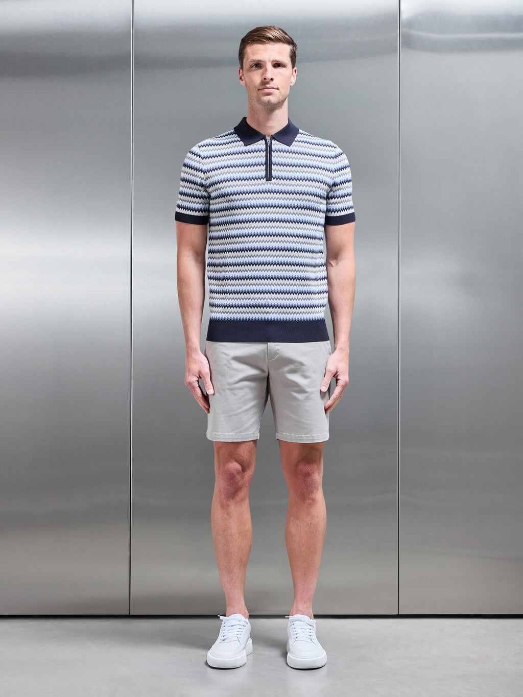 Jacquard Zig Zag Knitted Zip Polo Shirt in Navy