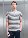 Jacquard Zig Zag Knitted Zip Polo Shirt in Stone
