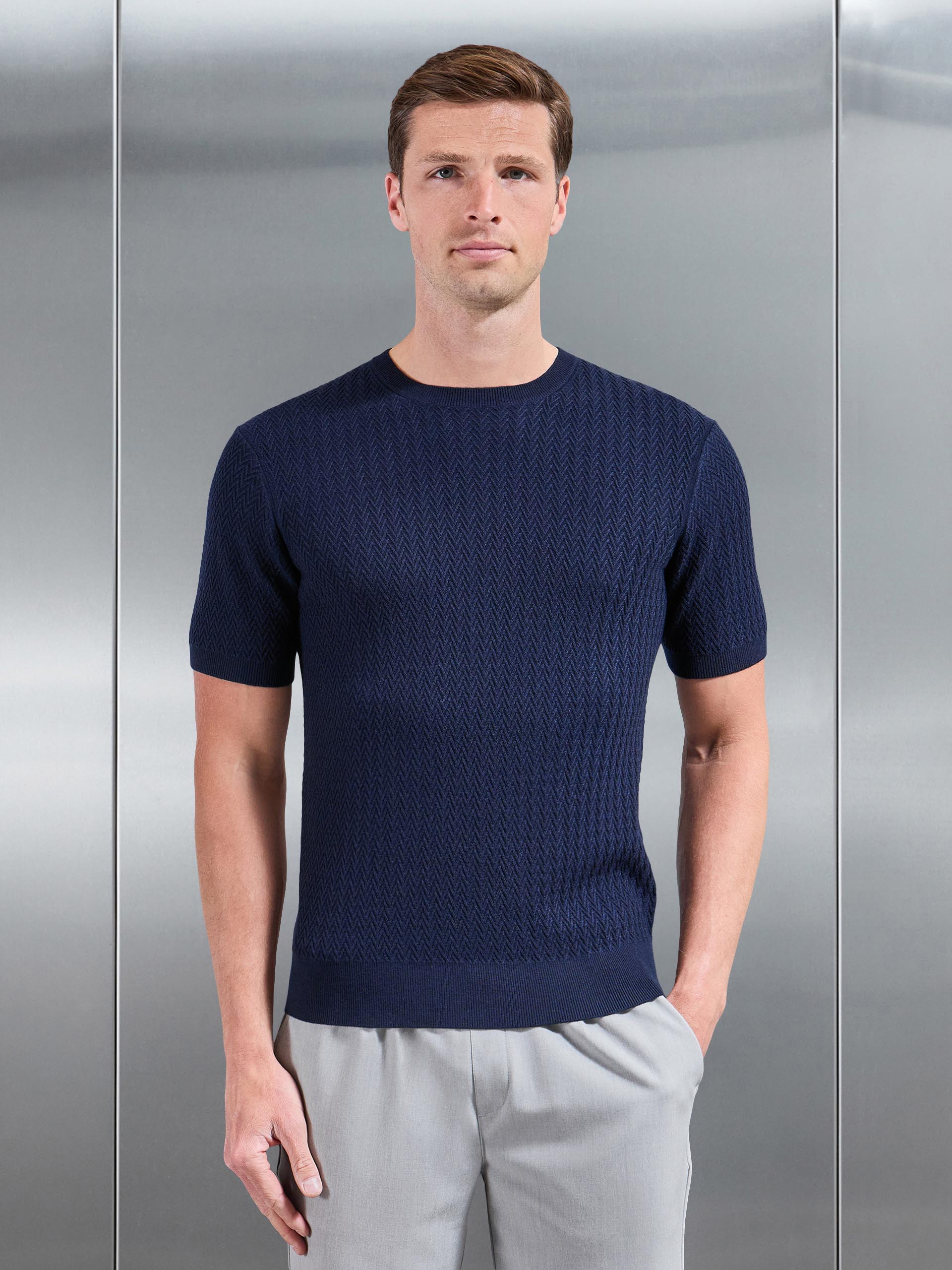 Knitted Zig Zag Crew Neck T-Shirt in Navy