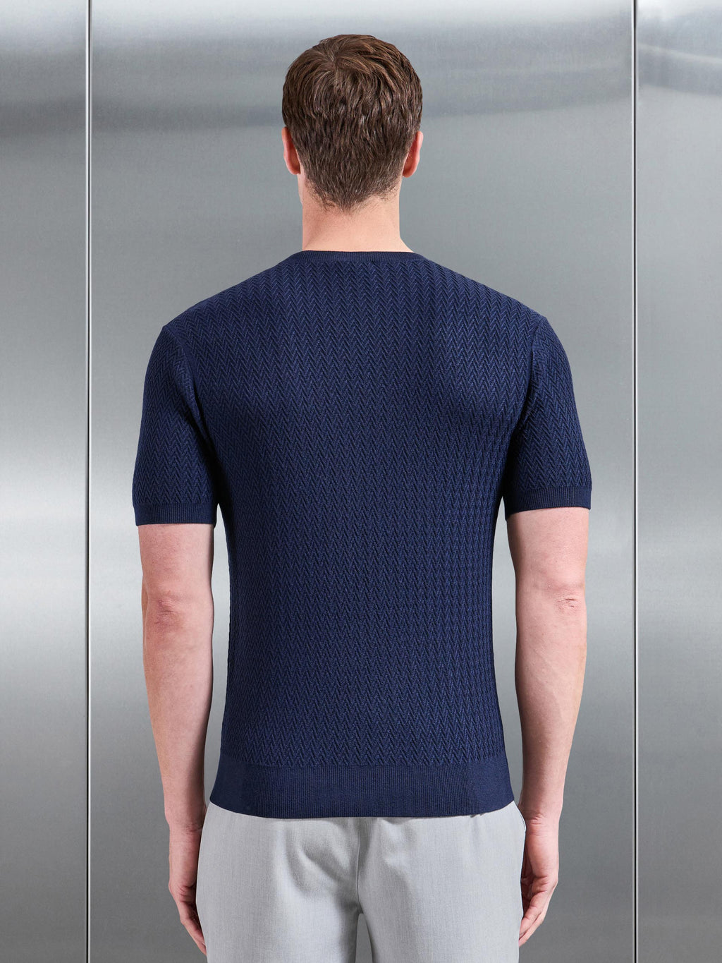 Knitted Zig Zag Crew Neck T-Shirt in Navy