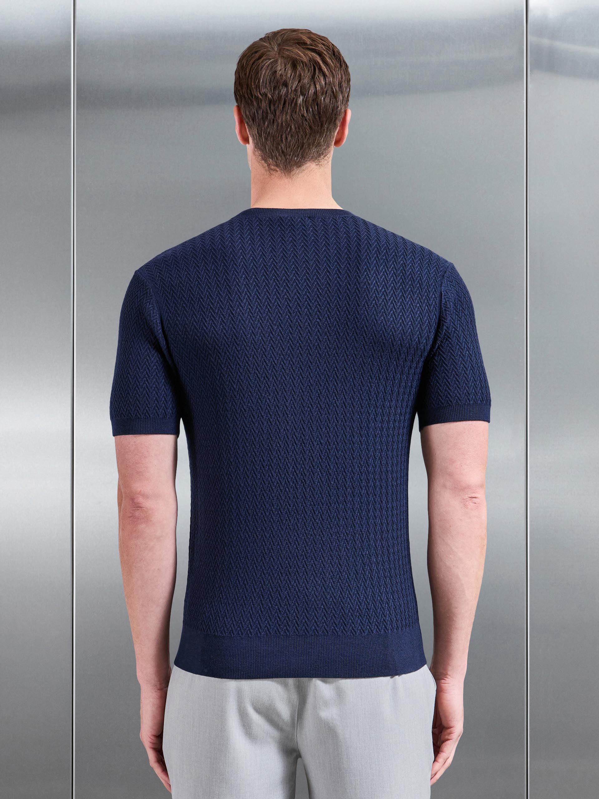 Knitted Zig Zag Crew Neck T-Shirt in Navy