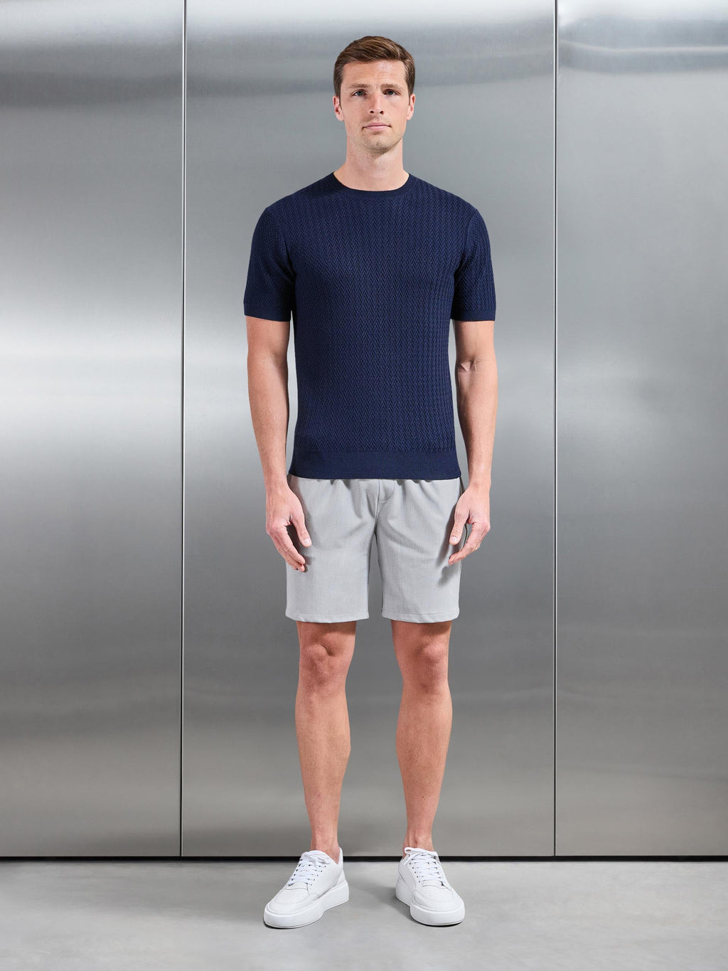 Knitted Zig Zag Crew Neck T-Shirt in Navy
