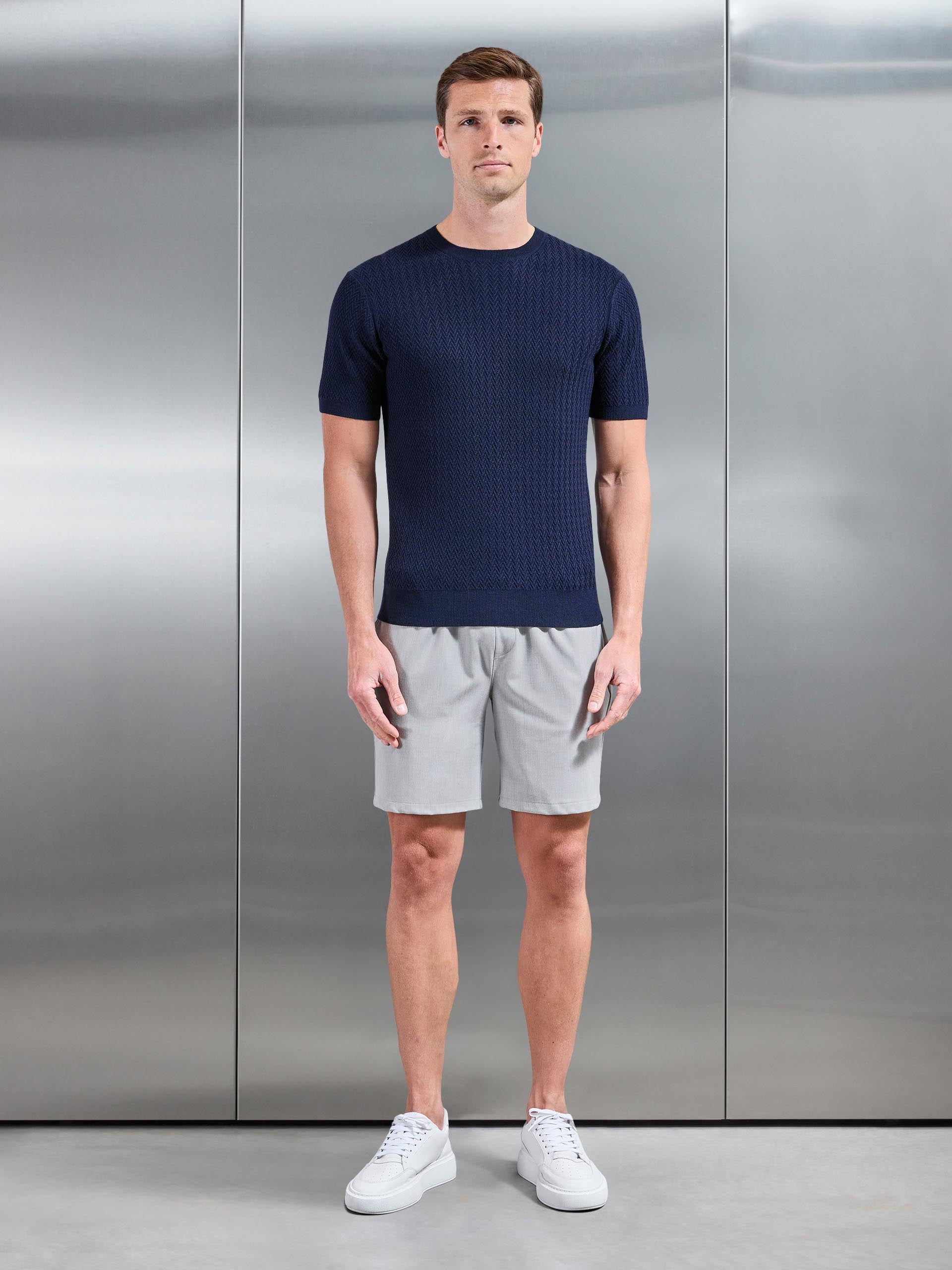 Knitted Zig Zag Crew Neck T-Shirt in Navy