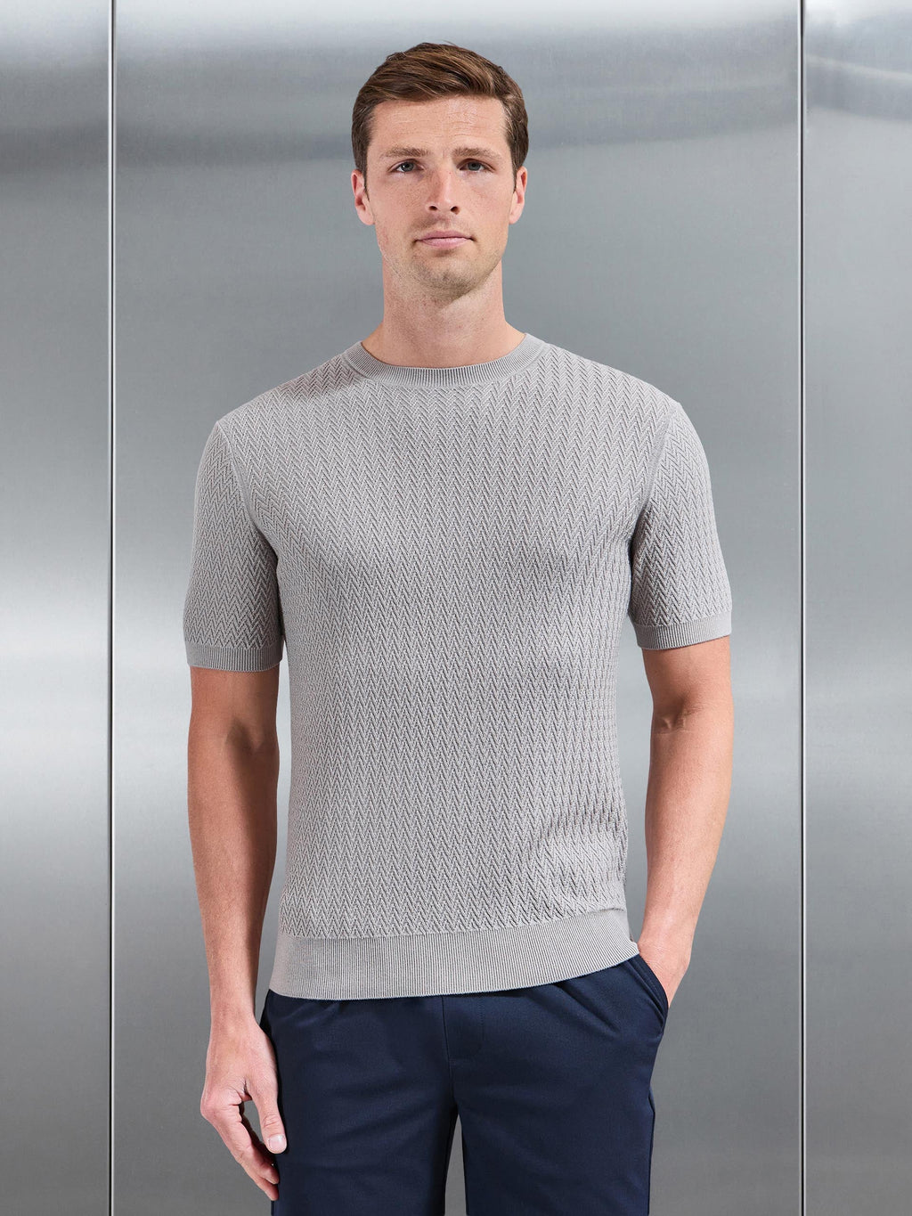 Knitted Zig Zag Crew Neck T-Shirt in Stone