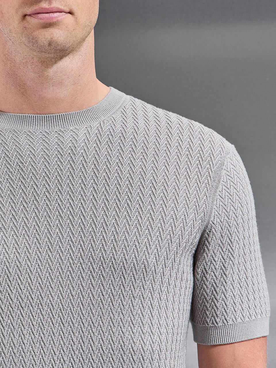 Knitted Zig Zag Crew Neck T-Shirt in Stone