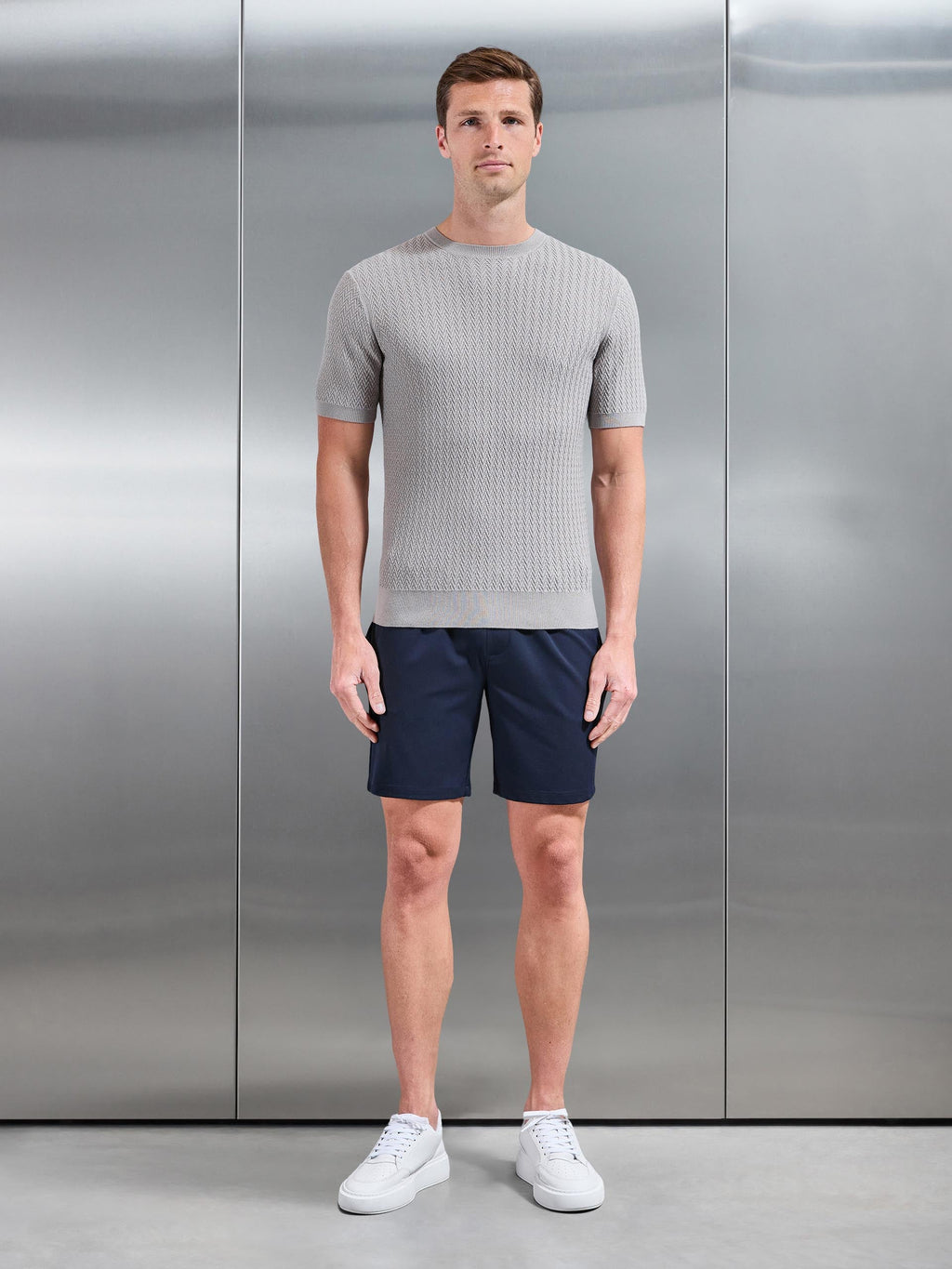 Knitted Zig Zag Crew Neck T-Shirt in Stone