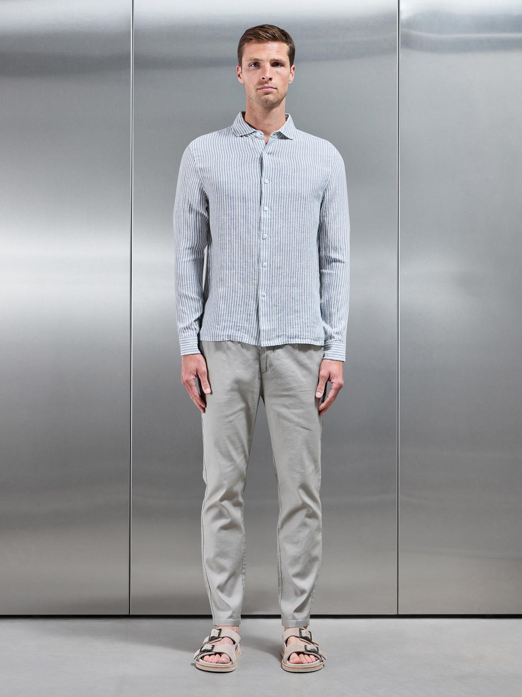Linen Long Sleeve Stripe Shirt in White Light Blue