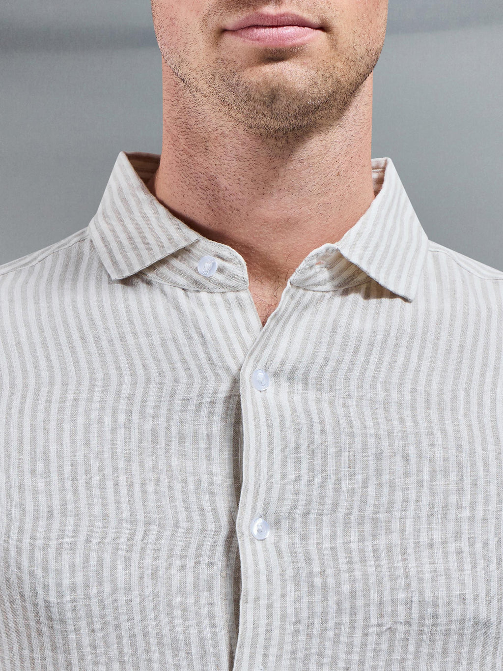 Linen Long Sleeve Stripe Shirt in White Stone
