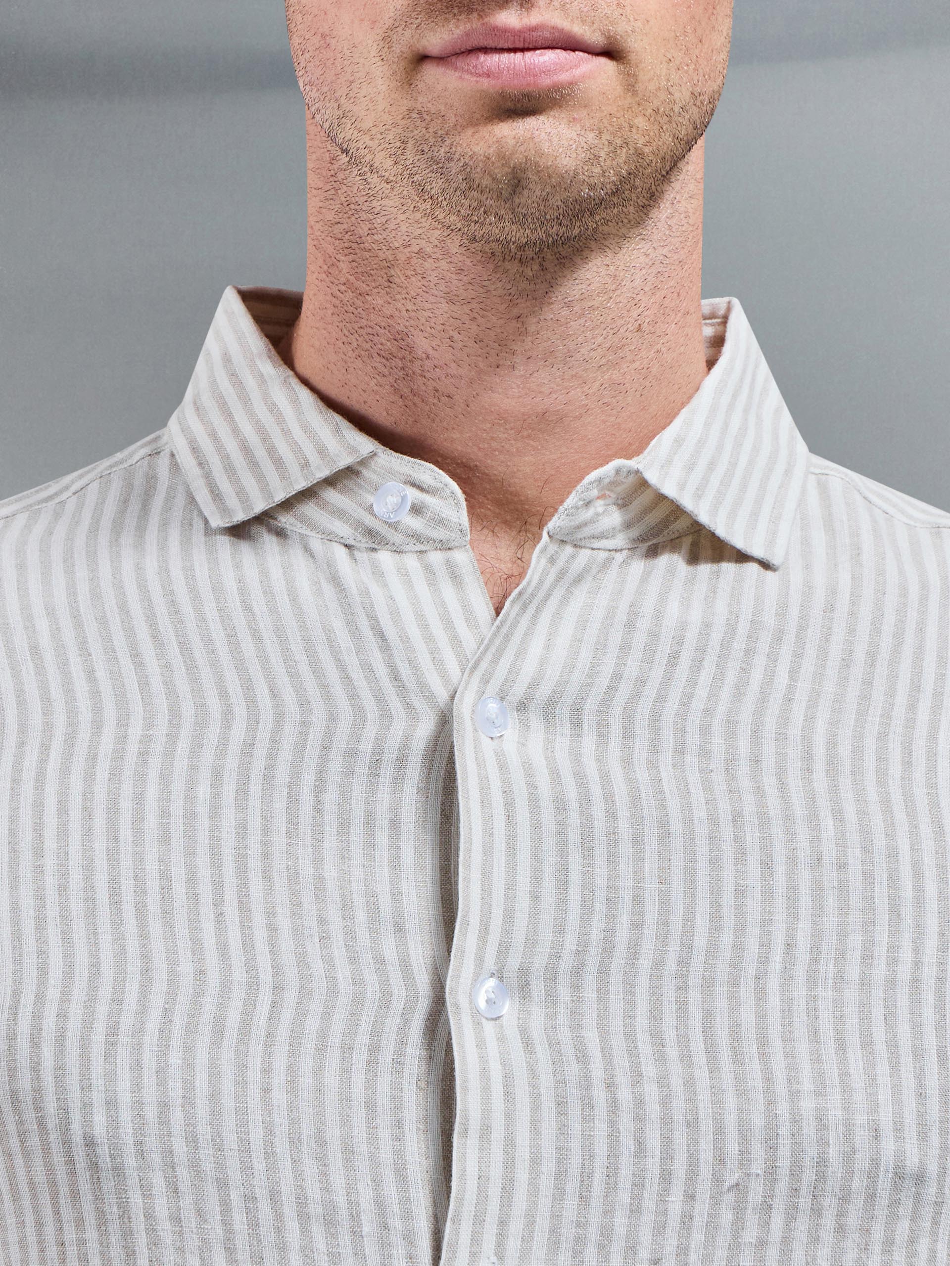 Linen Long Sleeve Stripe Shirt in White Stone