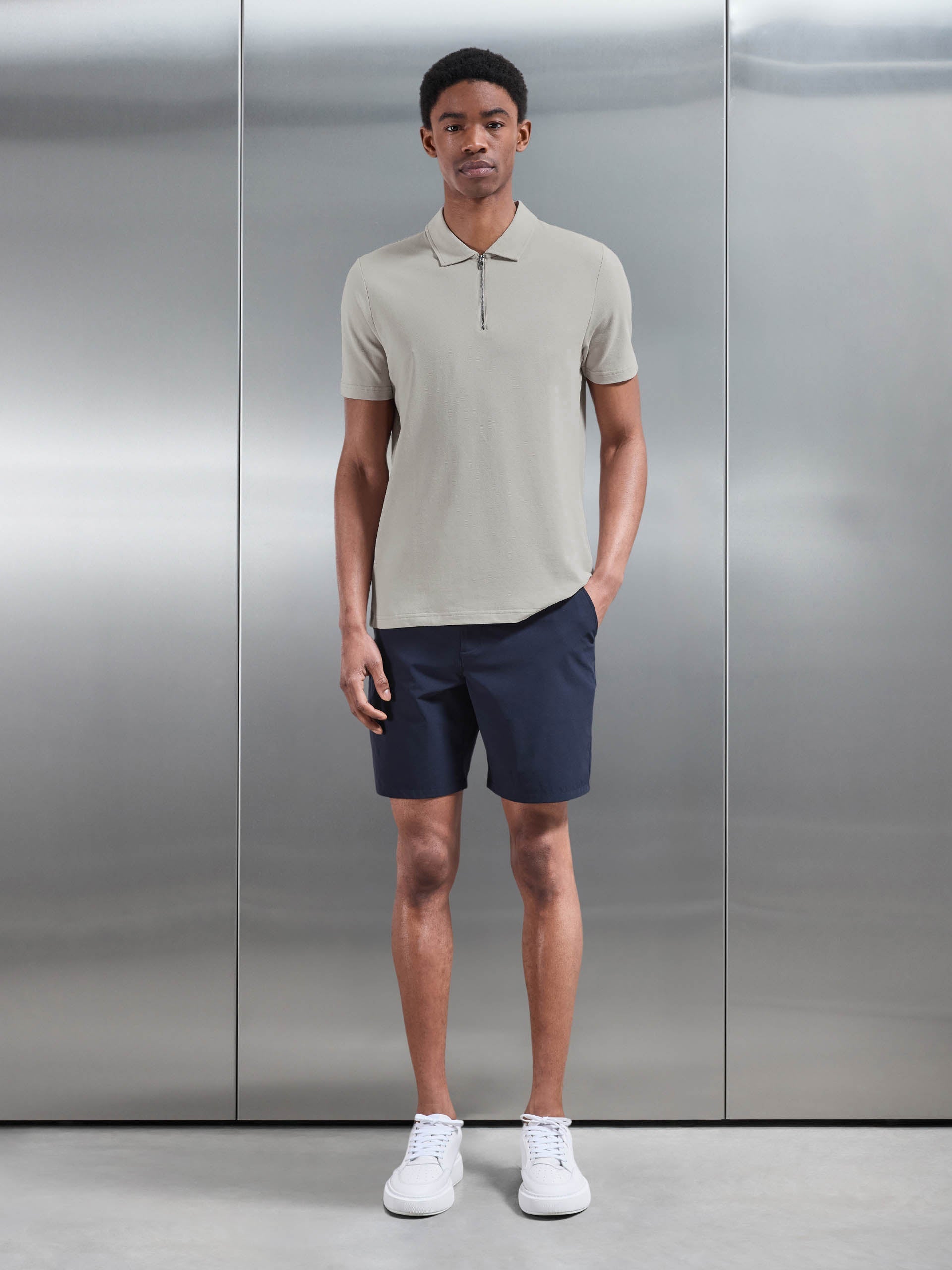 Mercerised Pique Zip Polo Shirt In Stone