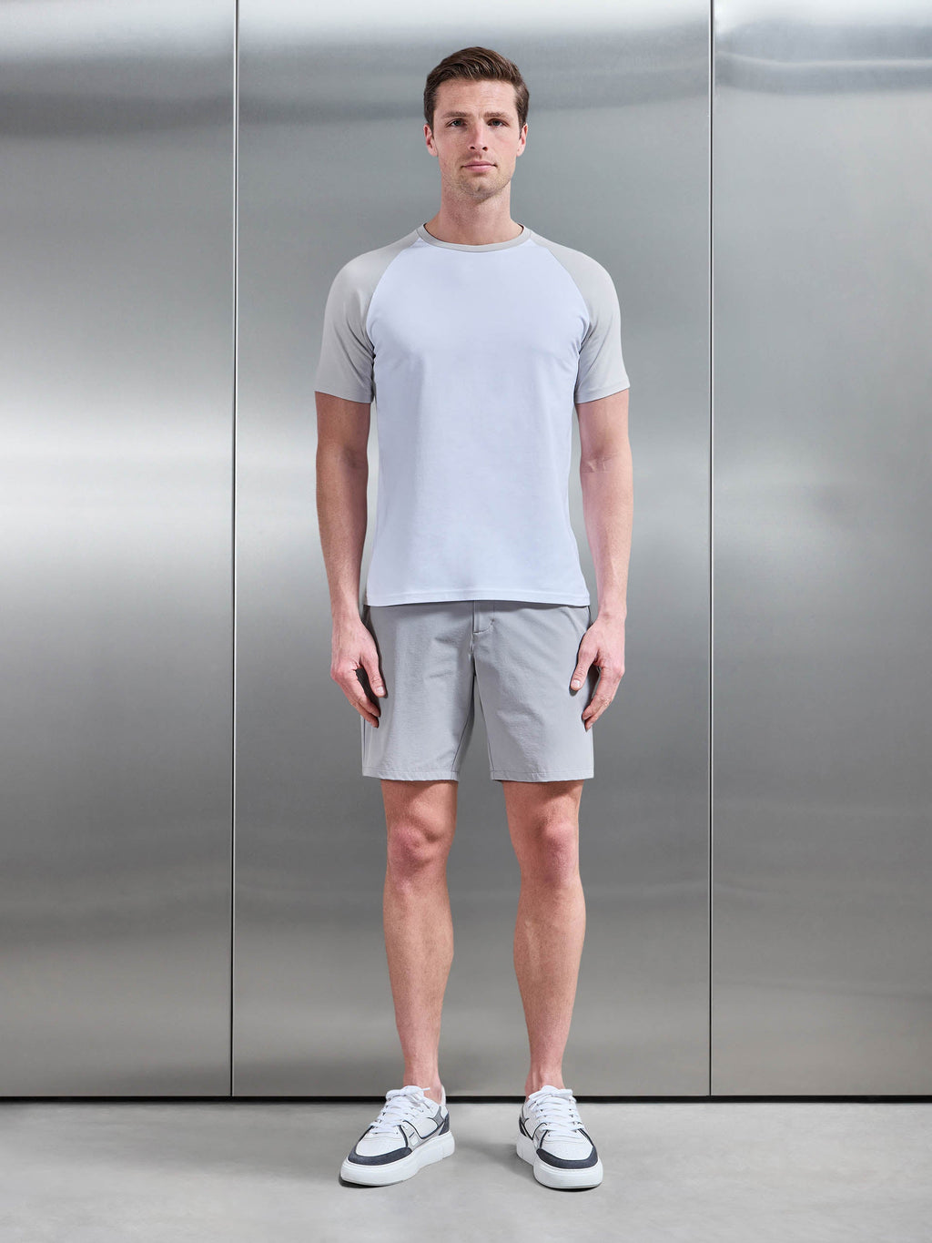 Raglan Slim Fit Stretch Cotton T-Shirt in White Mid Grey