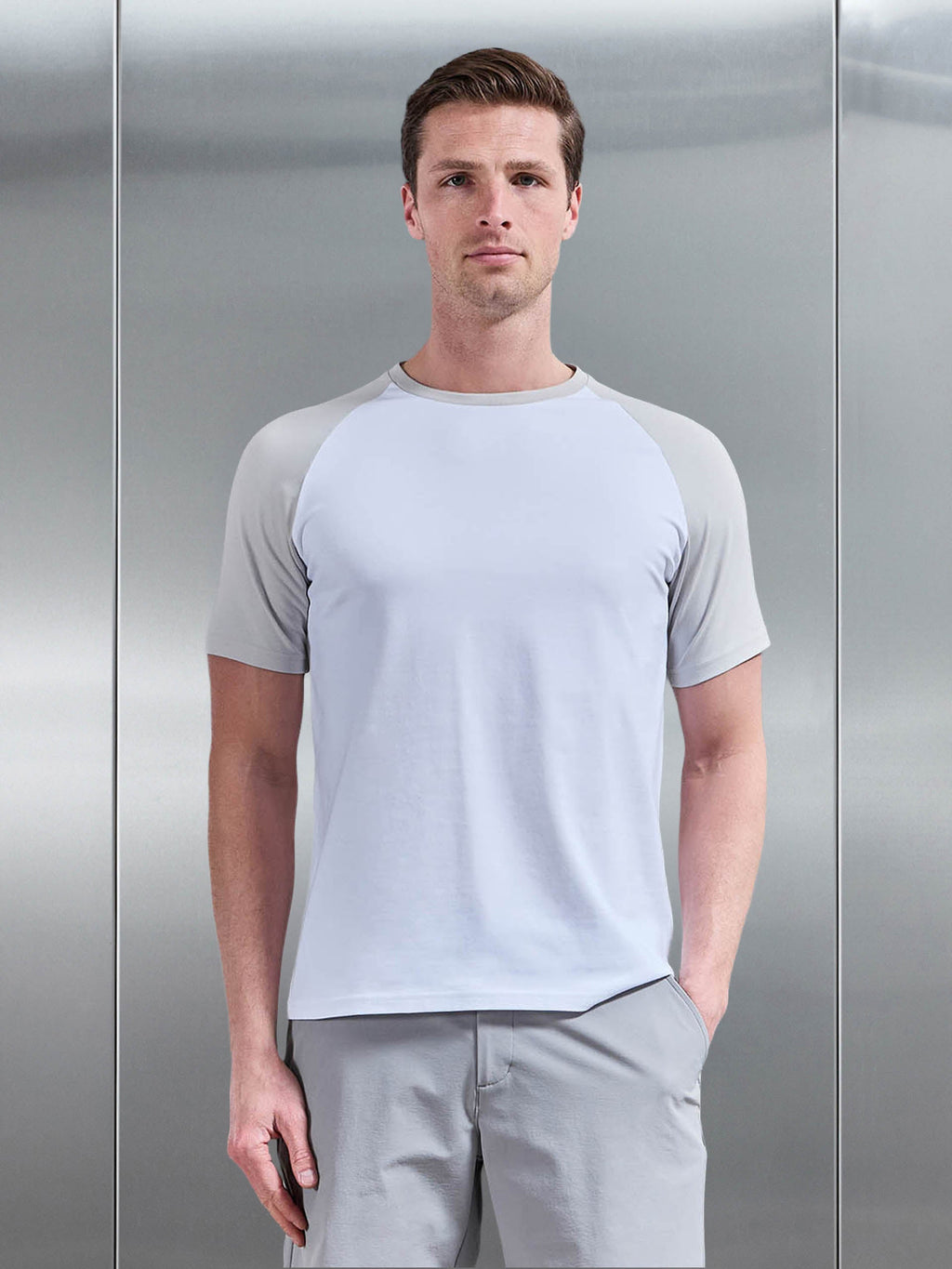 Raglan Slim Fit Stretch Cotton T-Shirt in White Mid Grey