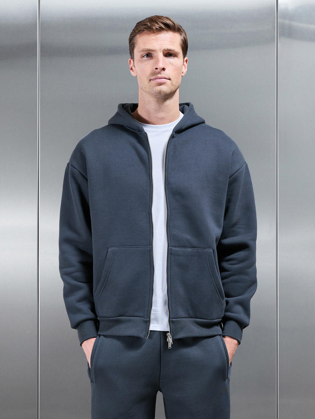 Relaxed Zip Through Hoodie in Slate Blue