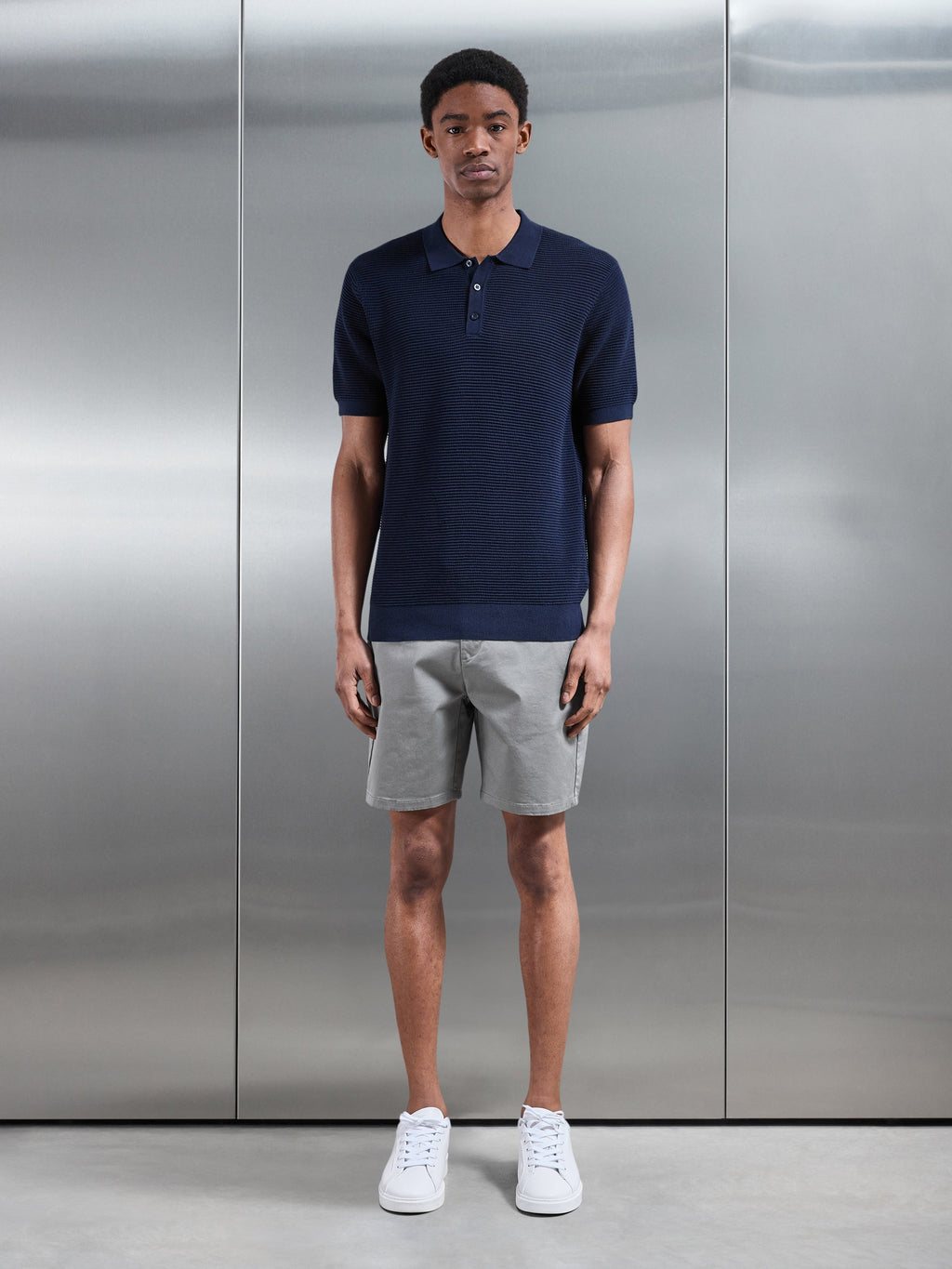 Ribbed Button Polo Shirt in Navy