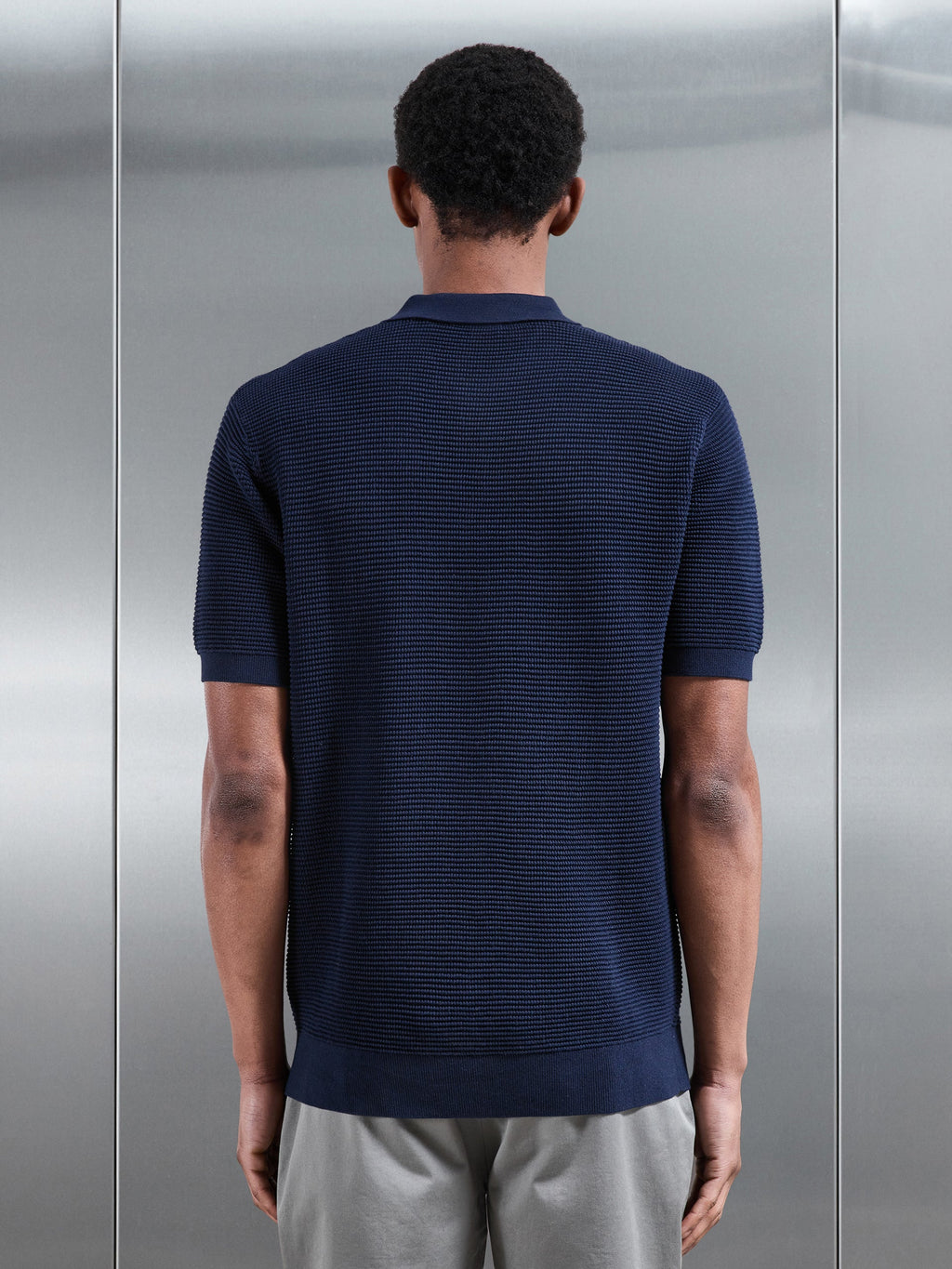 Ribbed Button Polo Shirt in Navy