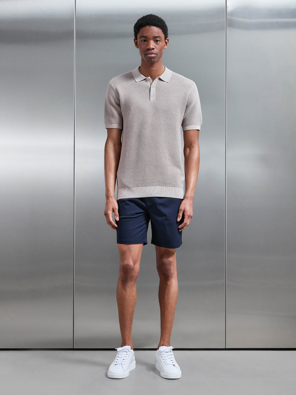 Ribbed Button Polo Shirt in Stone