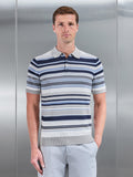 Stripe Knitted Polo Shirt in Steel Blue