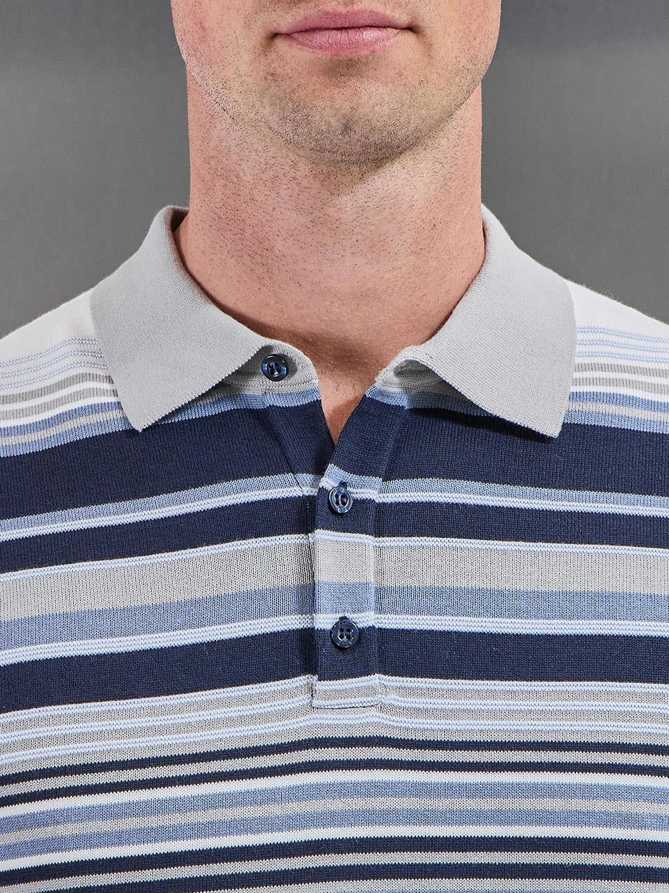 Stripe Knitted Polo Shirt in Steel Blue