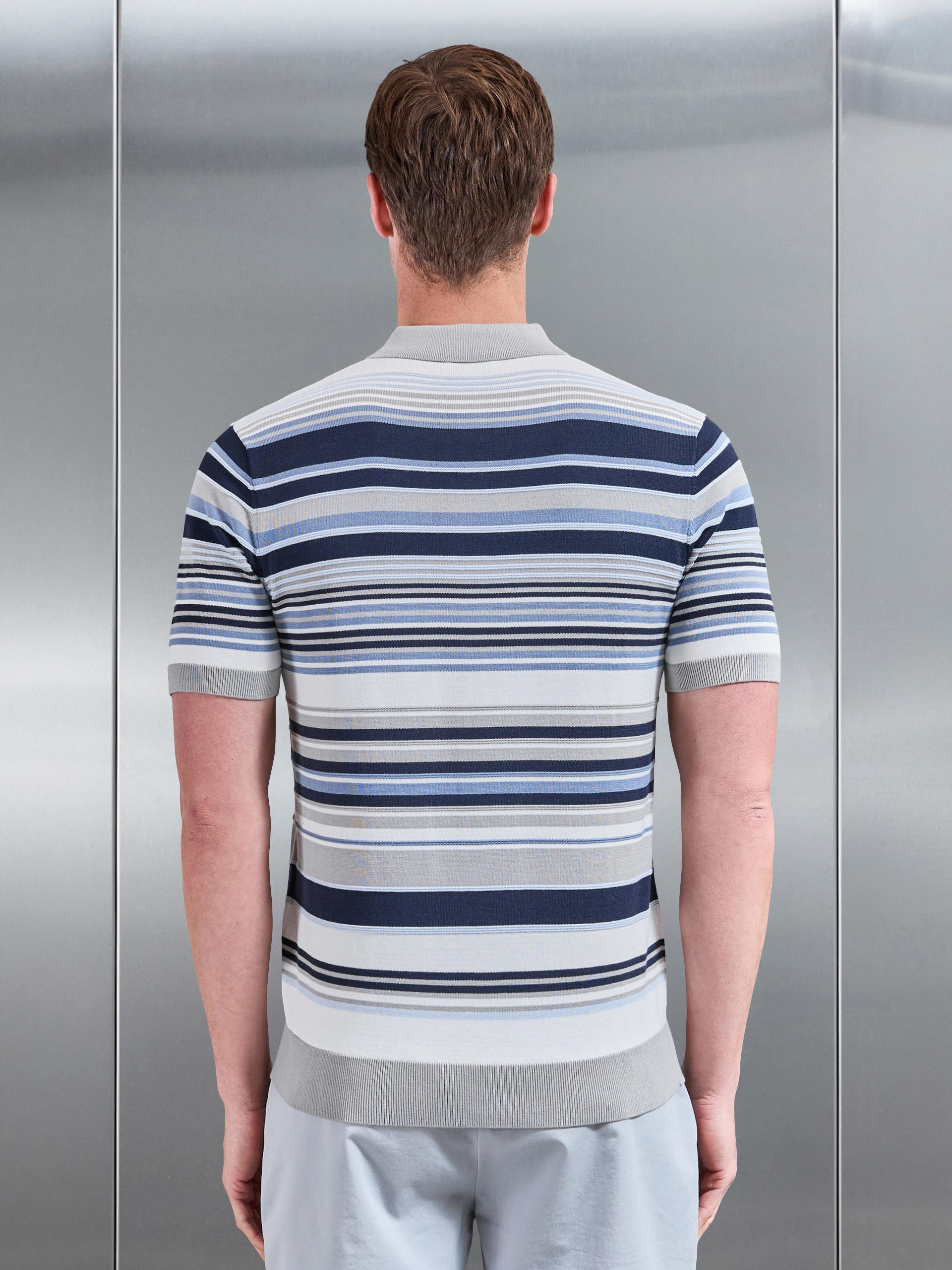 Stripe Knitted Polo Shirt in Steel Blue