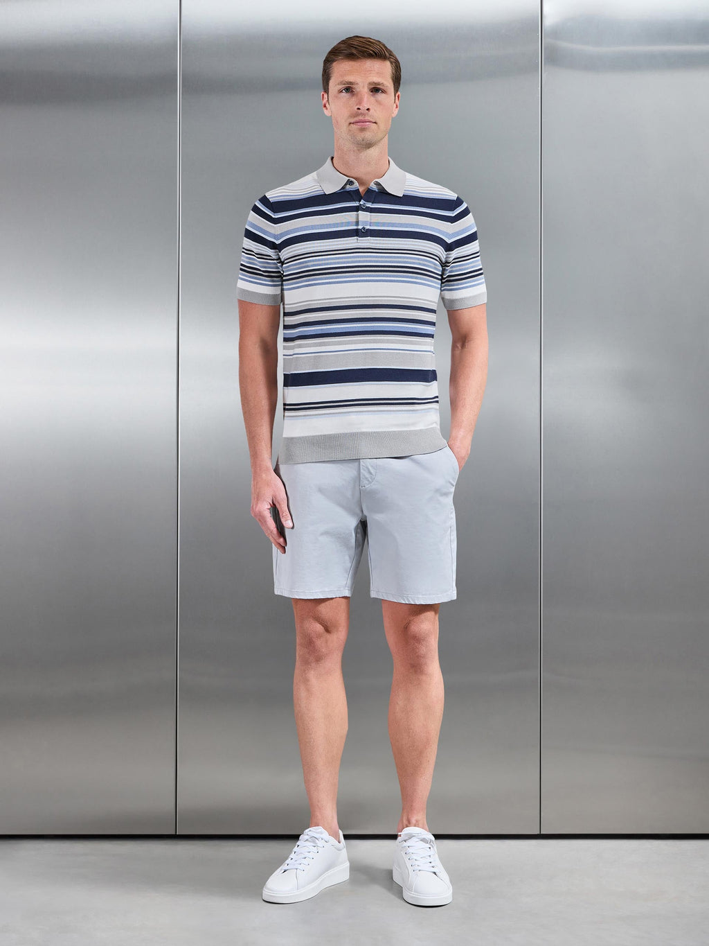 Stripe Knitted Polo Shirt in Steel Blue