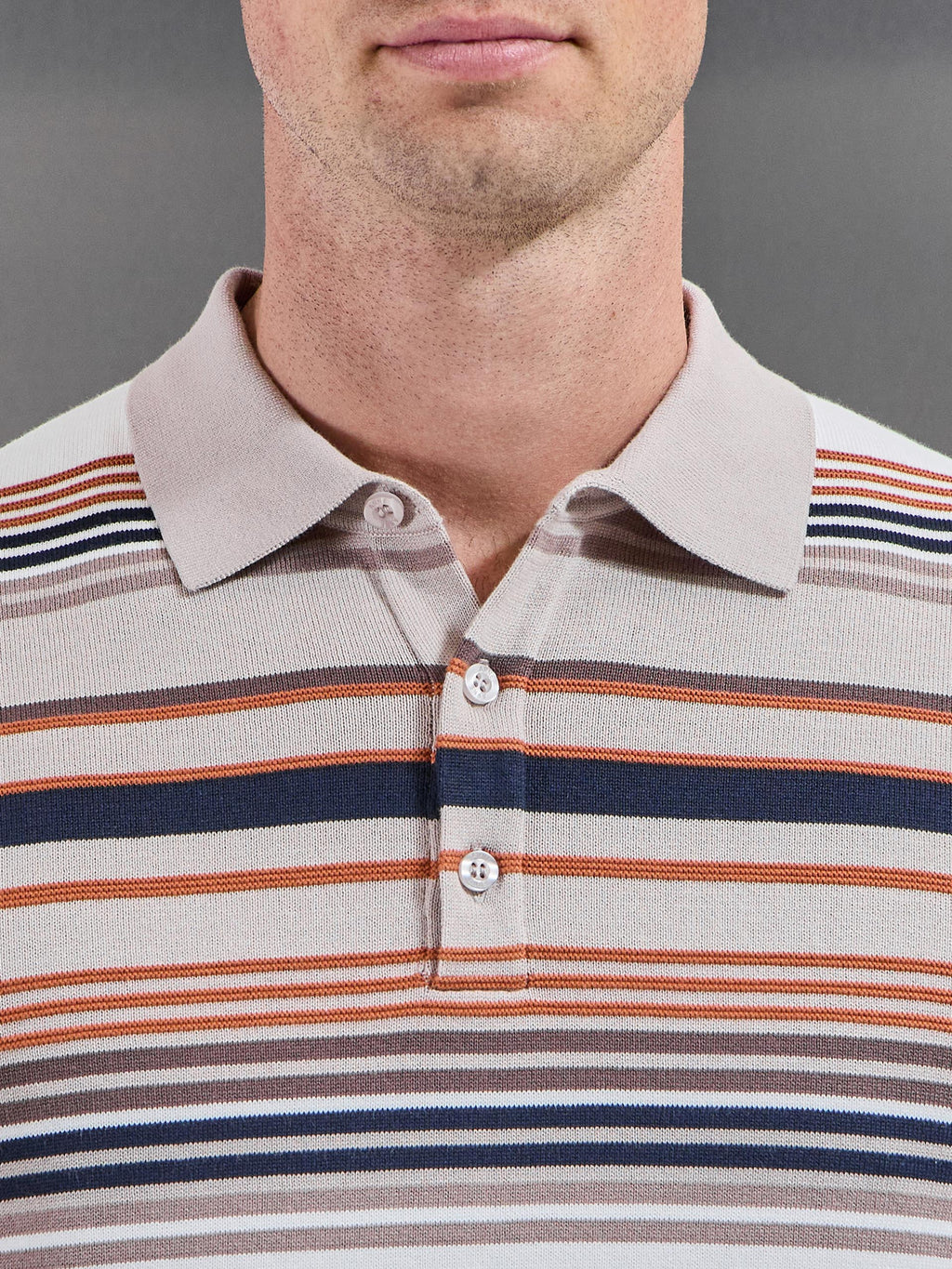 Stripe Knitted Polo Shirt in Stone