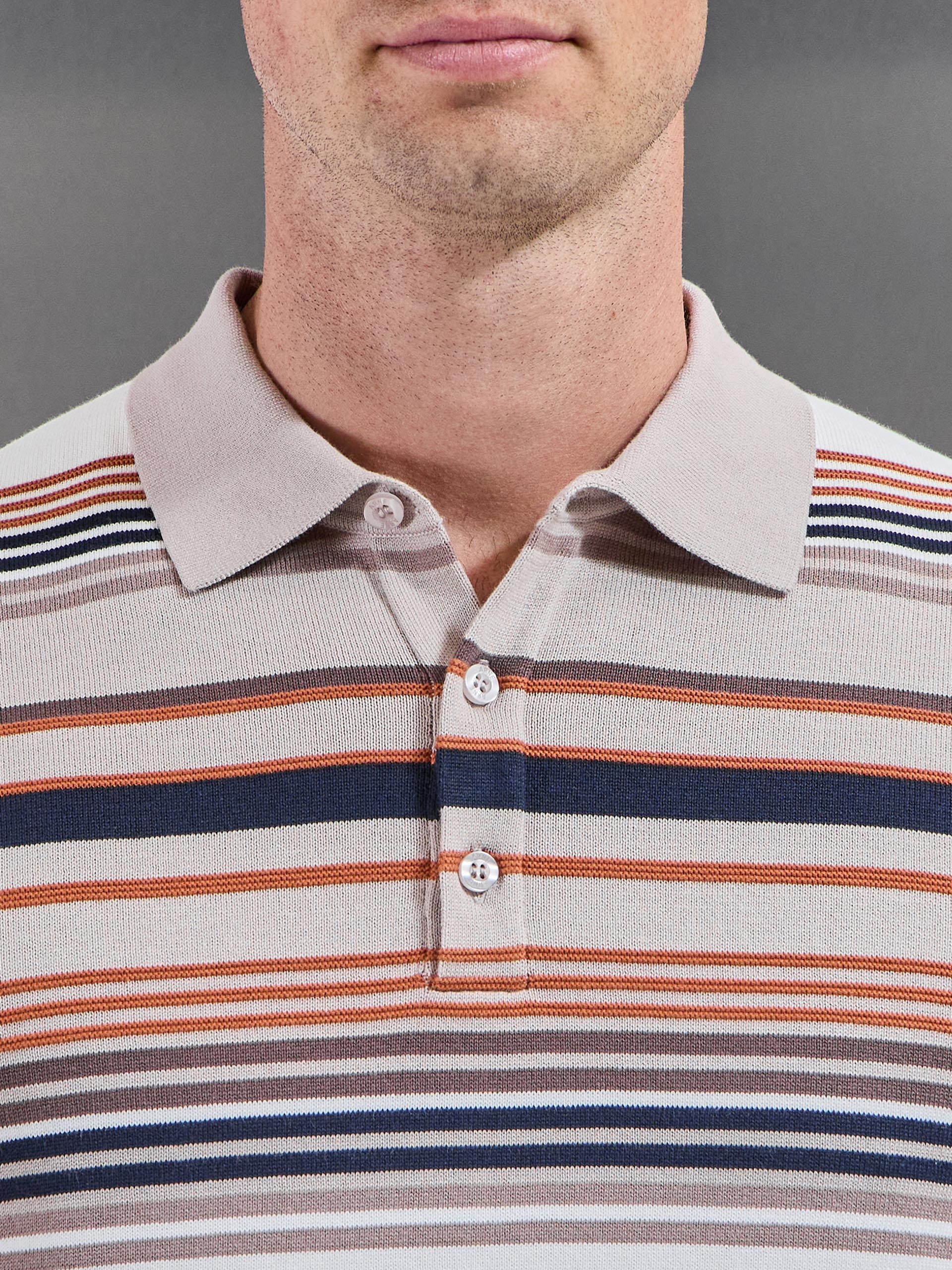Stripe Knitted Polo Shirt in Stone