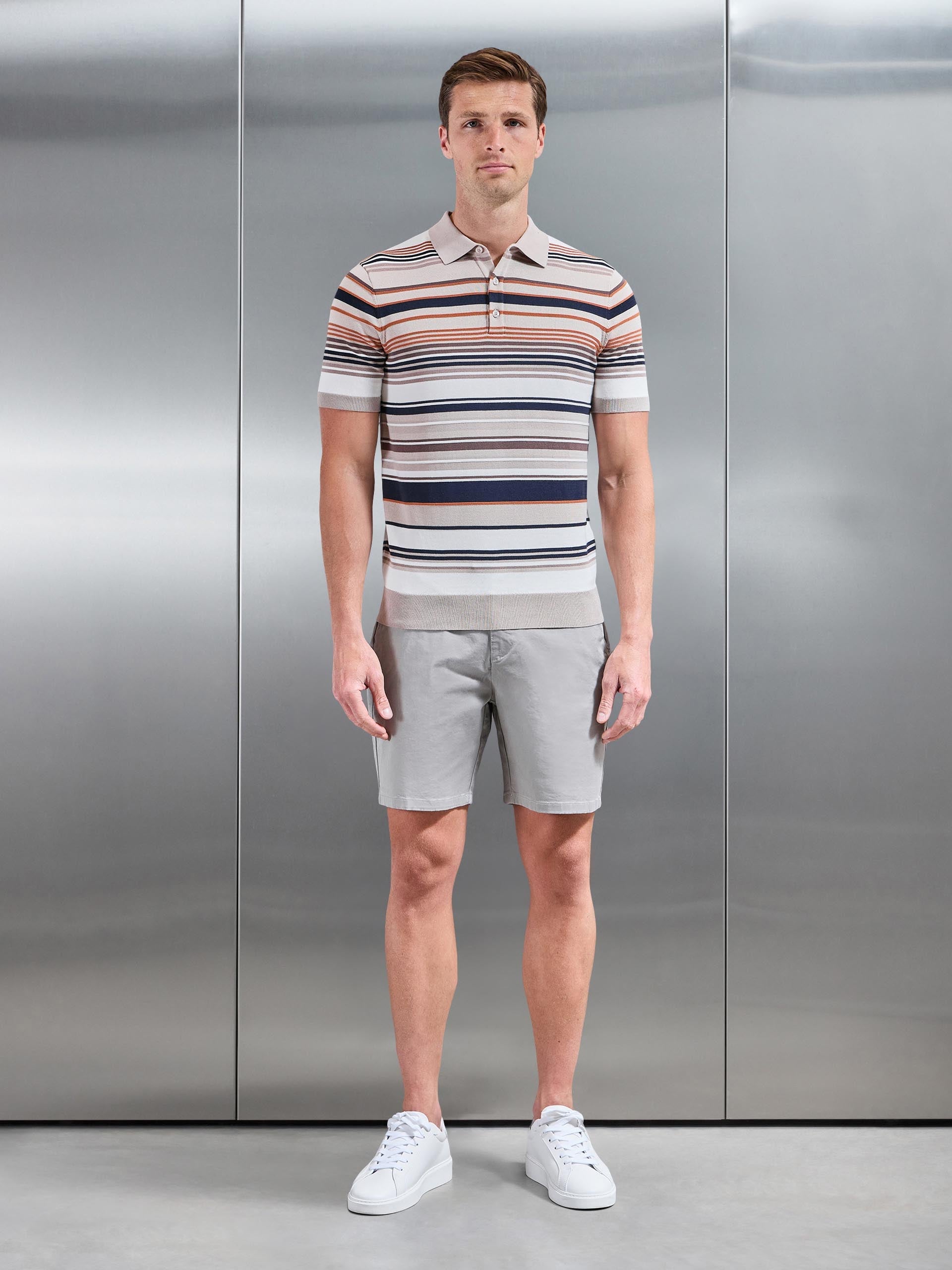 Stripe Knitted Polo Shirt in Stone
